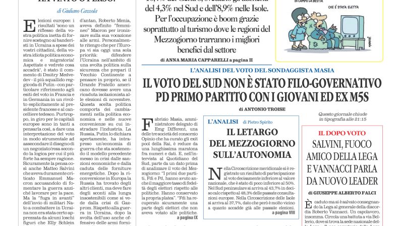 La prima pagina de l’ALTRAVOCE dell’ITALIA in edicola oggi