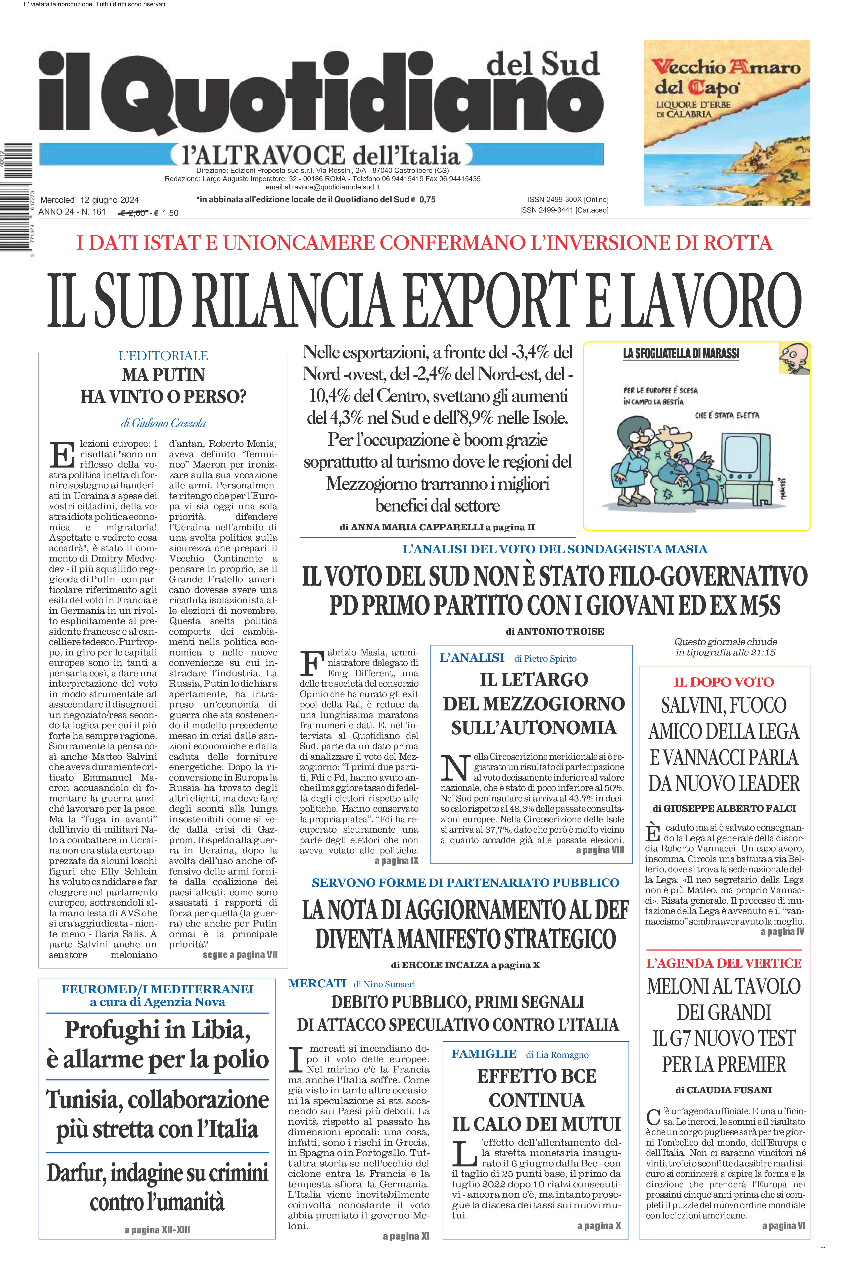 La prima pagina de l’ALTRAVOCE dell’ITALIA in edicola oggi