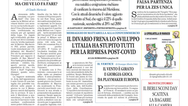 La prima pagina de l’ALTRAVOCE dell’ITALIA in edicola oggi