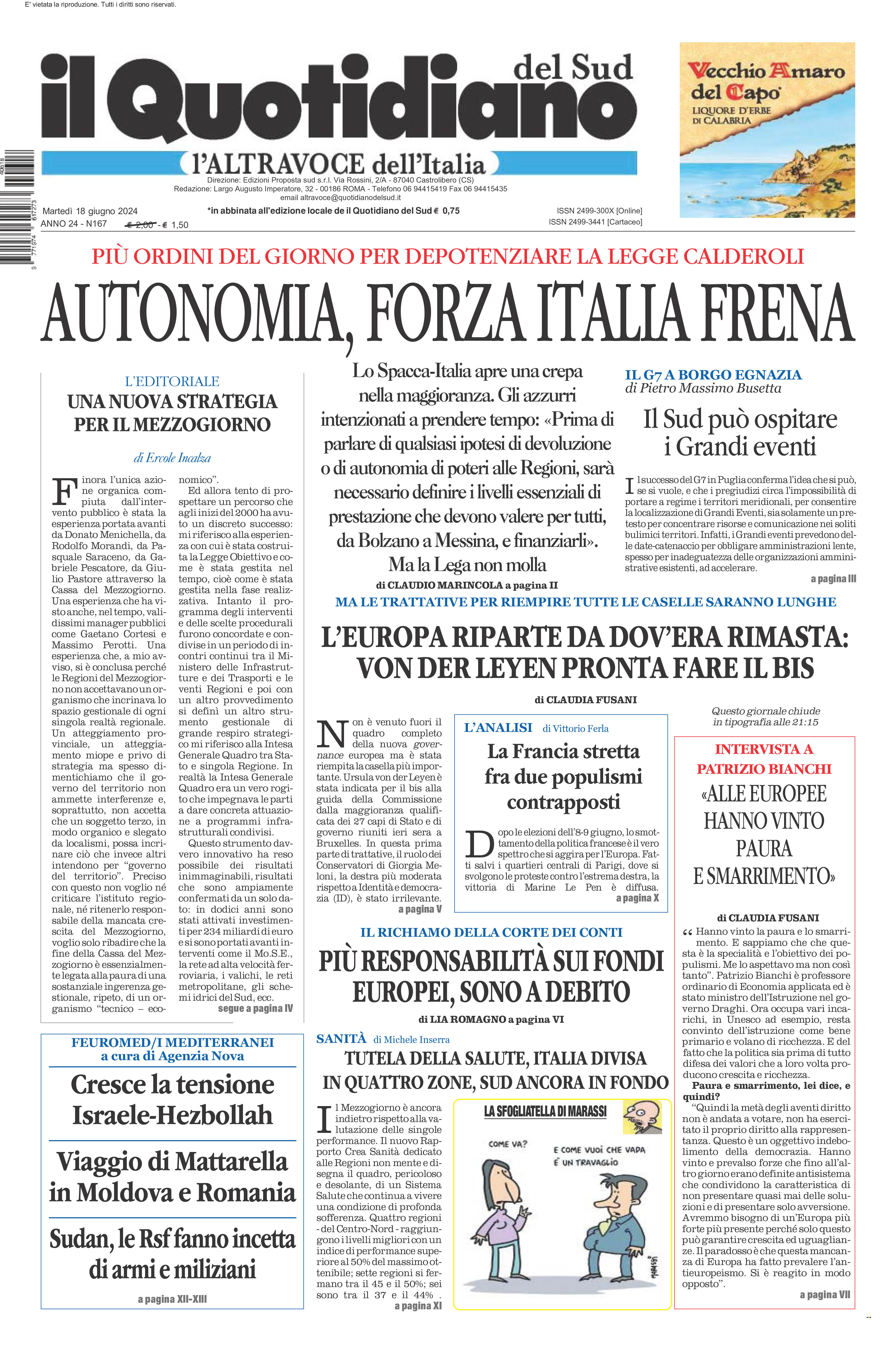 La prima pagina de l’ALTRAVOCE dell’ITALIA in edicola oggi