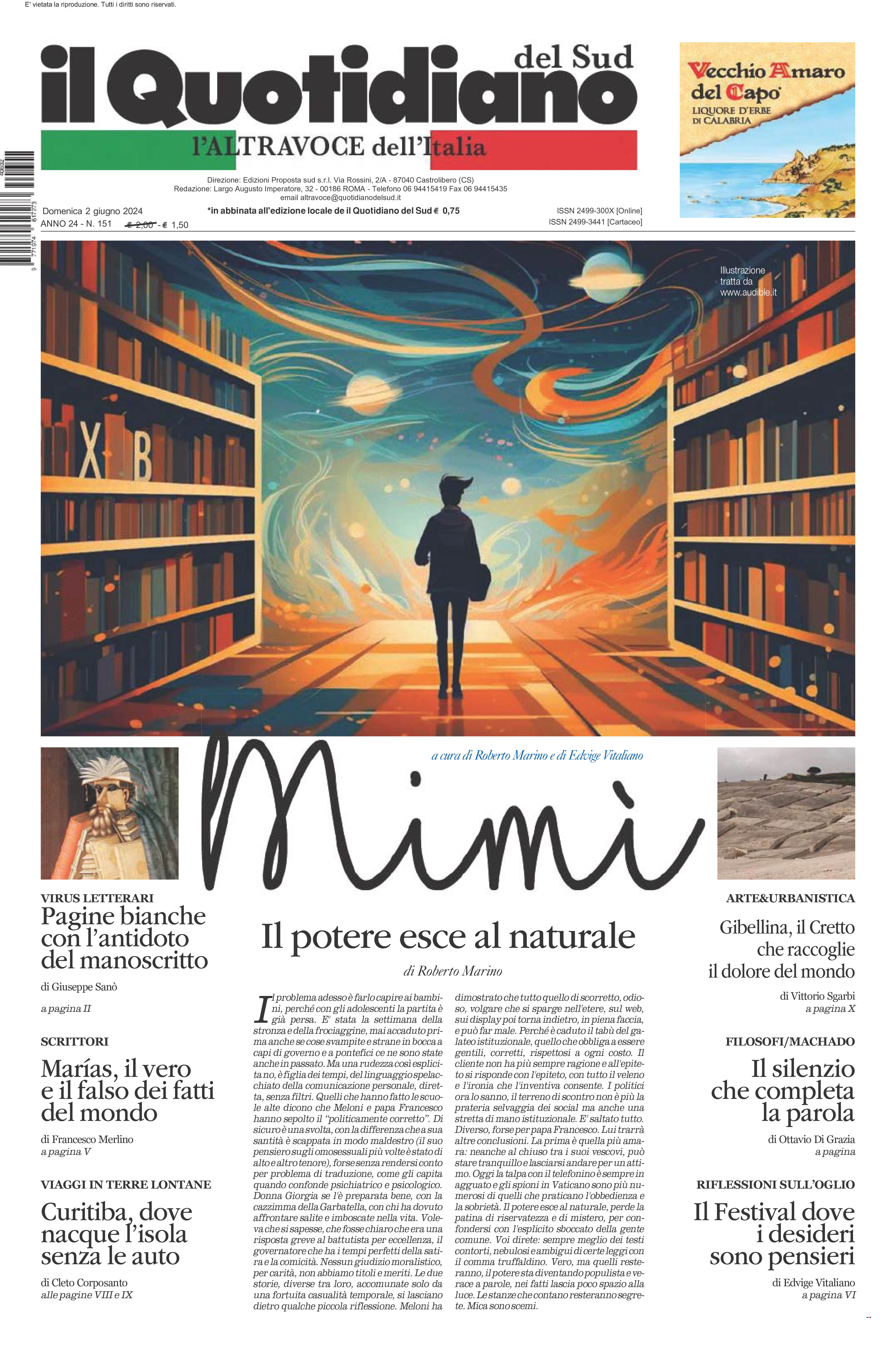 La prima pagina de l’ALTRAVOCE dell’ITALIA in edicola oggi