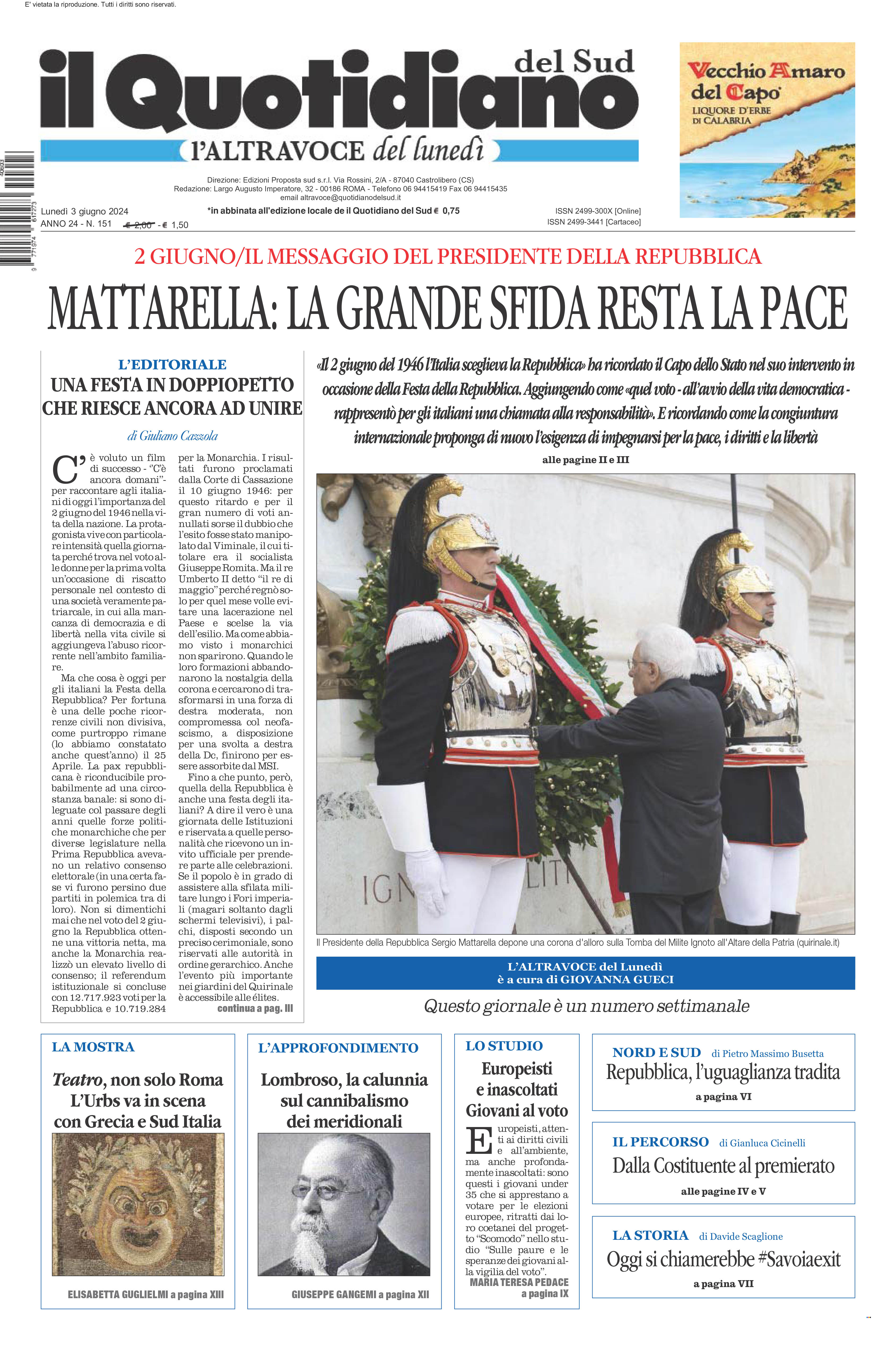 La prima pagina de l’ALTRAVOCE dell’ITALIA in edicola oggi