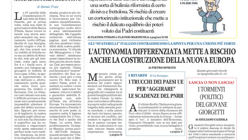 La prima pagina de l’ALTRAVOCE dell’ITALIA in edicola oggi