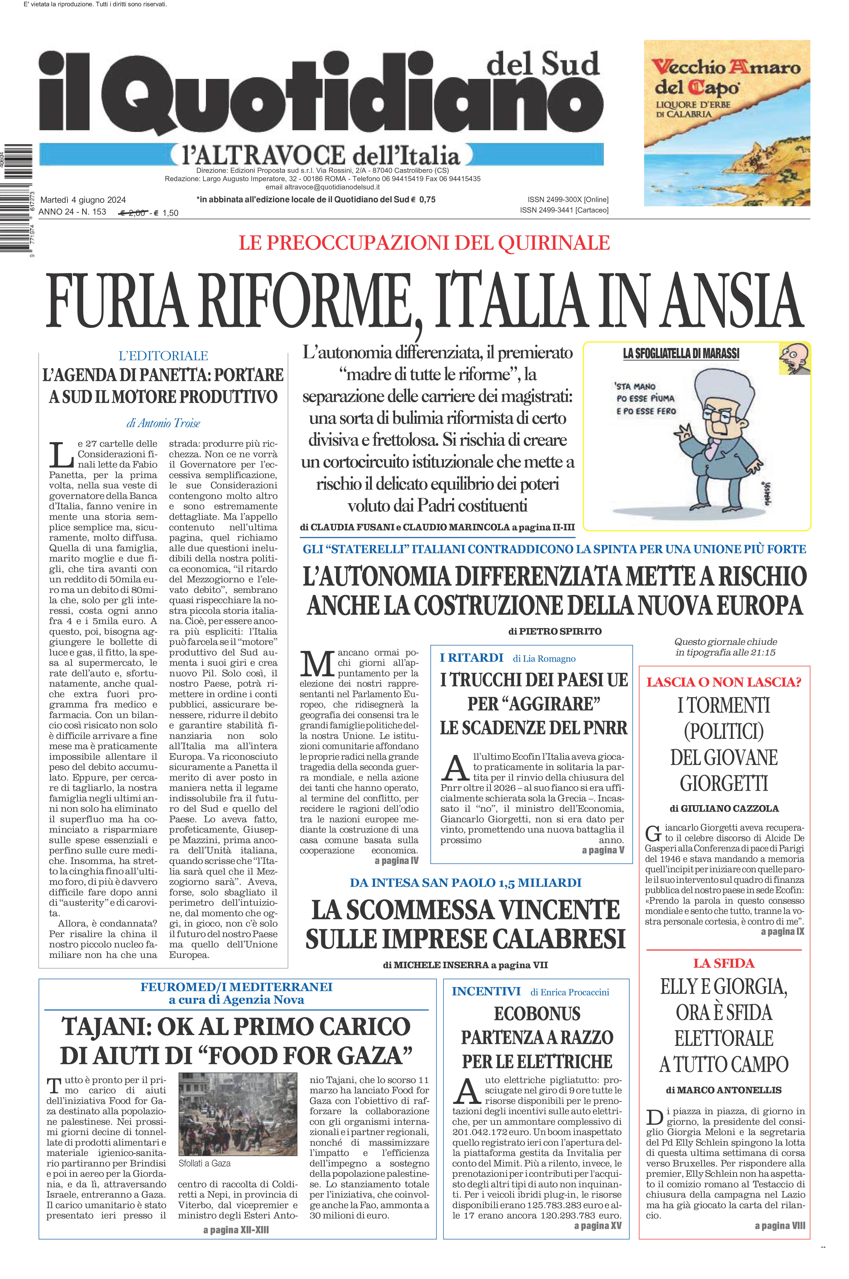 La prima pagina de l’ALTRAVOCE dell’ITALIA in edicola oggi