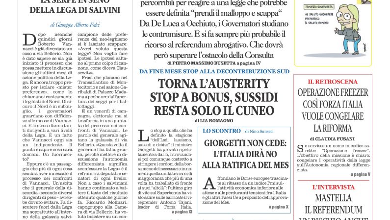 La prima pagina de l’ALTRAVOCE dell’ITALIA in edicola oggi