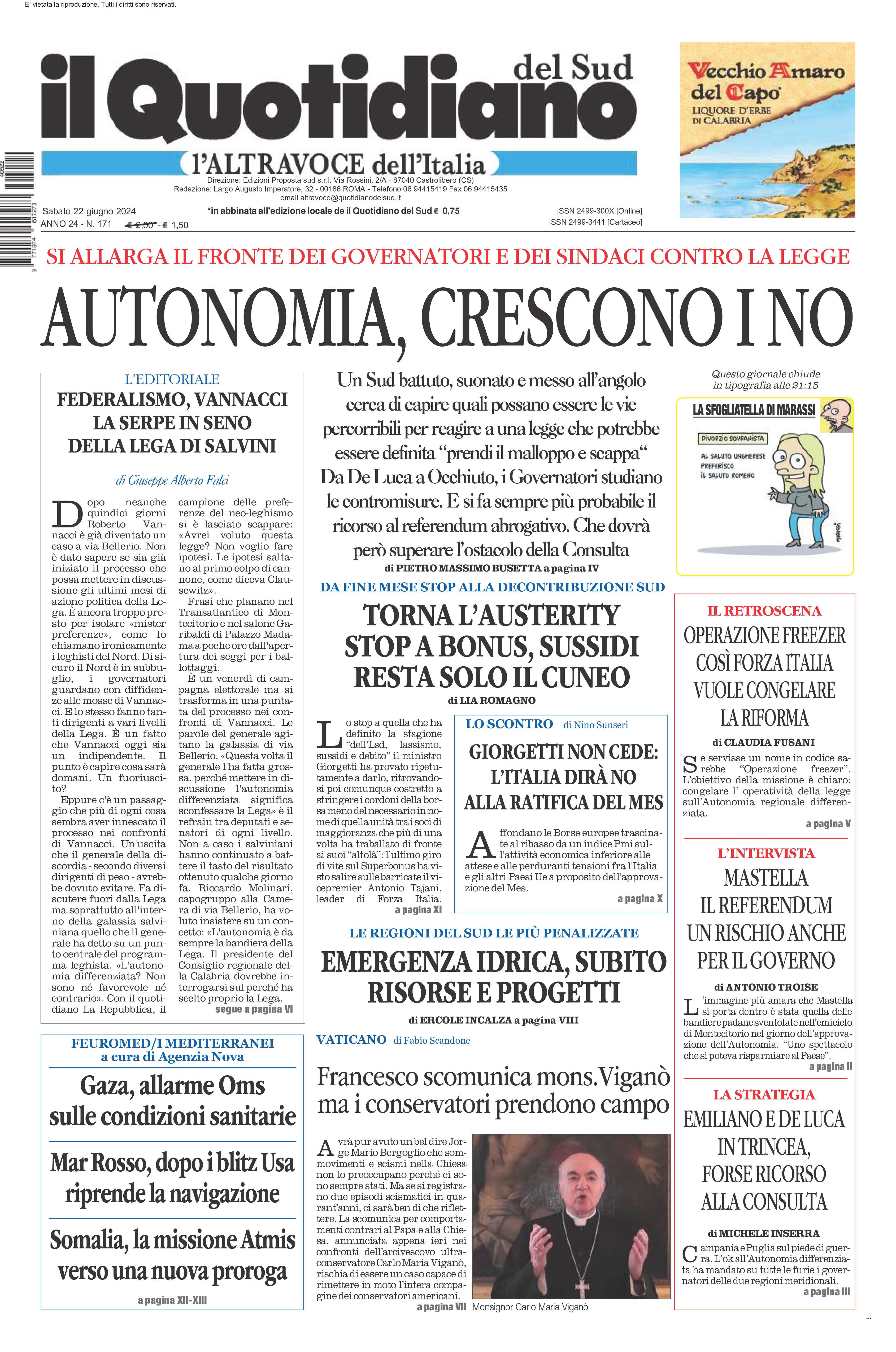 La prima pagina de l’ALTRAVOCE dell’ITALIA in edicola oggi