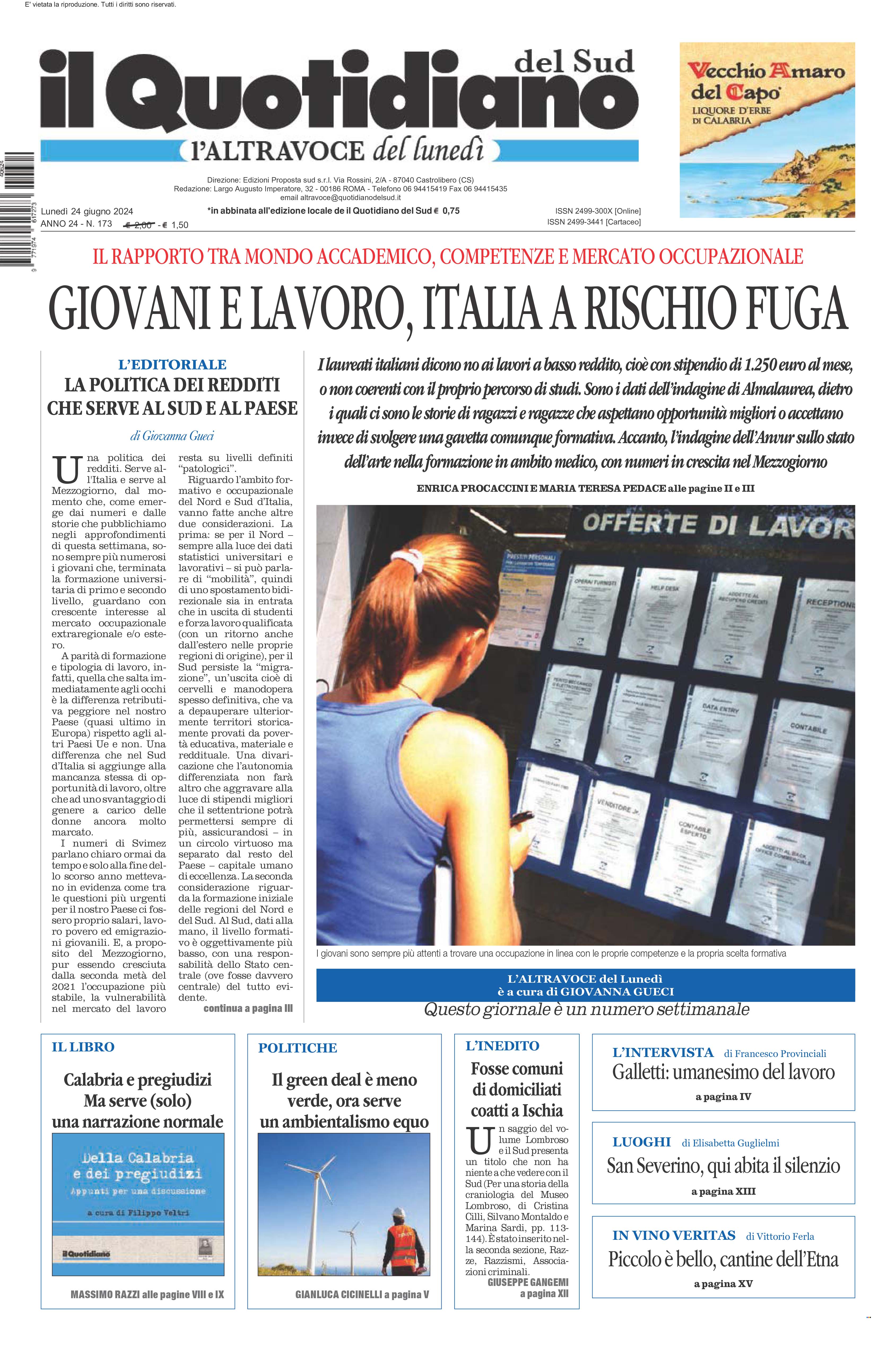 La prima pagina de l’ALTRAVOCE dell’ITALIA in edicola oggi