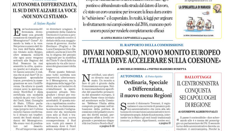 La prima pagina de l’ALTRAVOCE dell’ITALIA in edicola oggi