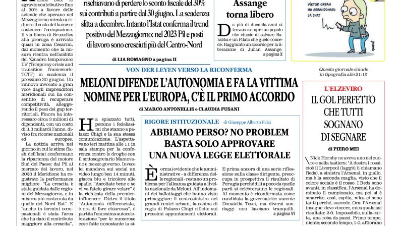 La prima pagina de l’ALTRAVOCE dell’ITALIA in edicola oggi