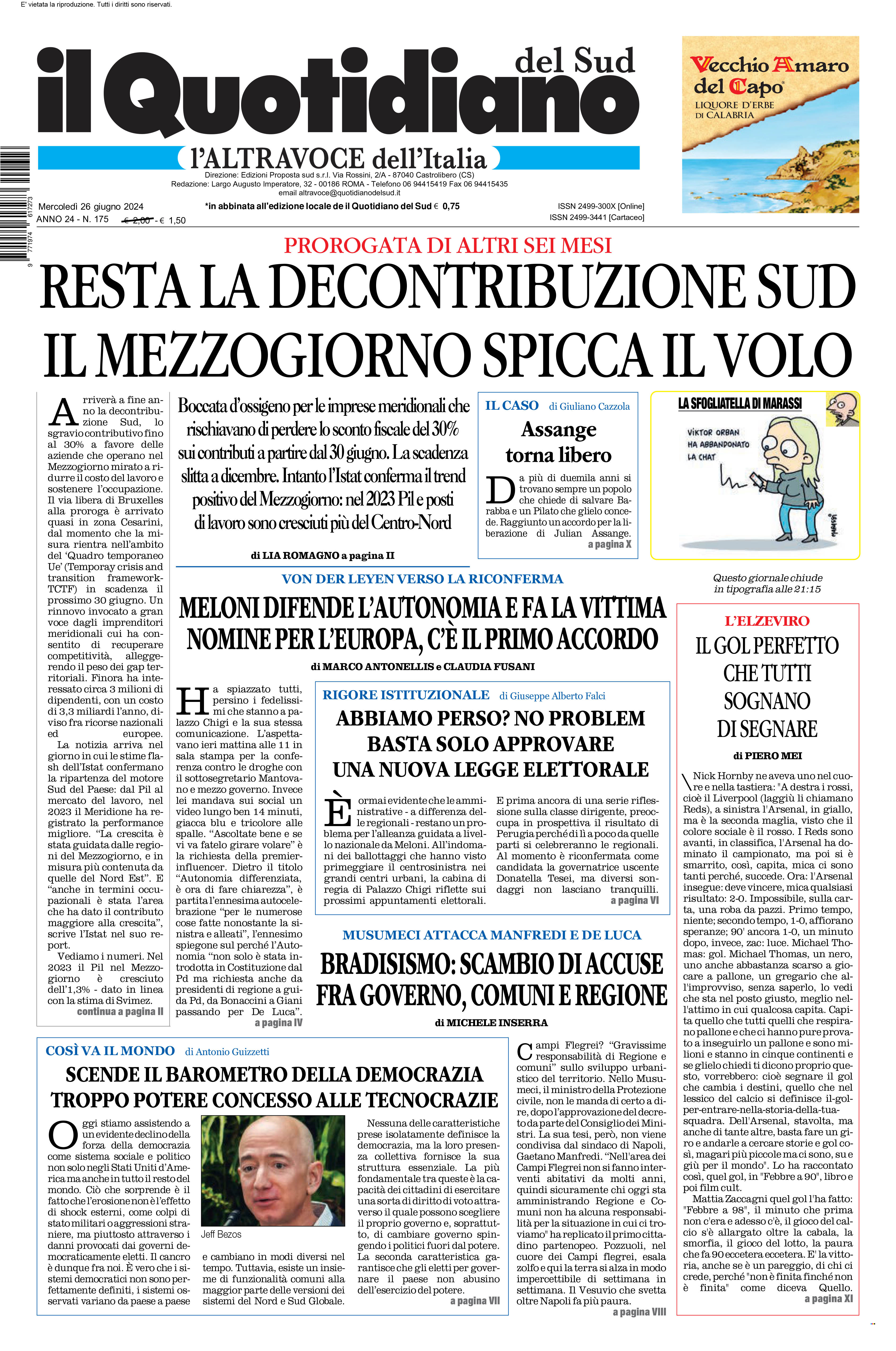 La prima pagina de l’ALTRAVOCE dell’ITALIA in edicola oggi