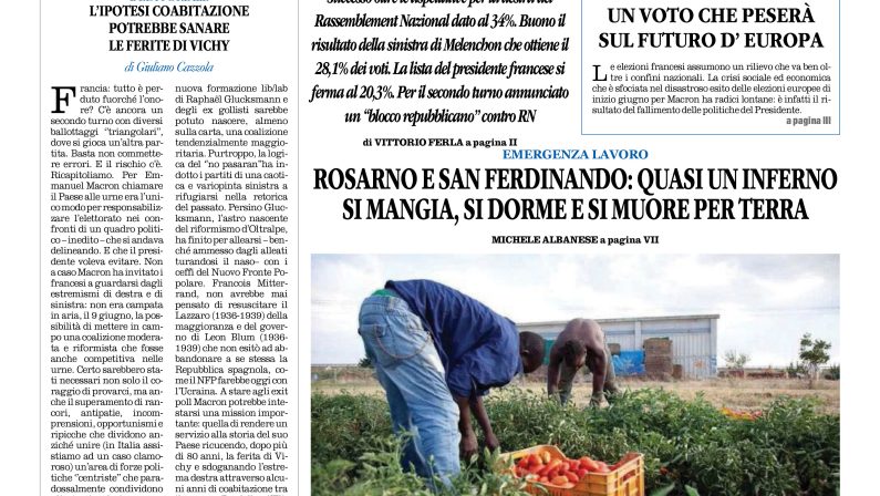 La prima pagina de l’ALTRAVOCE dell’ITALIA in edicola oggi