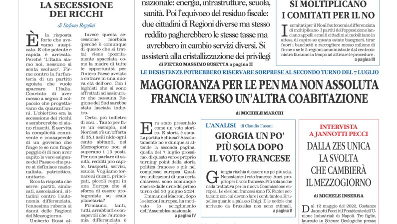 La prima pagina de l’ALTRAVOCE dell’ITALIA in edicola oggi