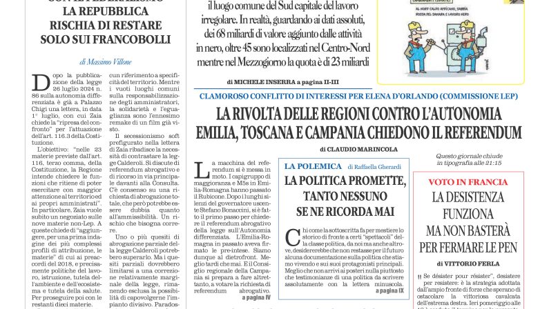 La prima pagina de l’ALTRAVOCE dell’ITALIA in edicola oggi