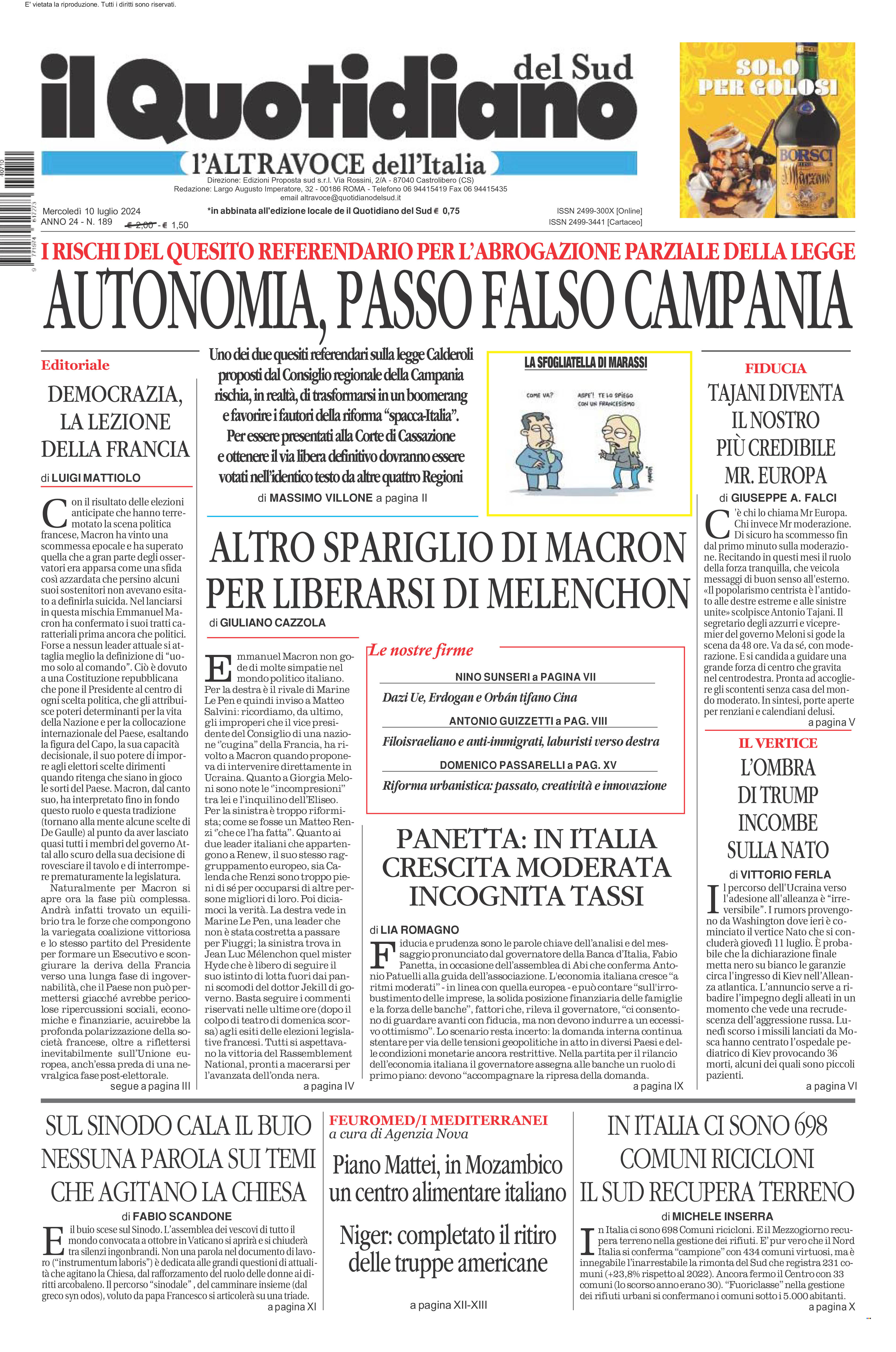 La prima pagina de l’ALTRAVOCE dell’ITALIA in edicola oggi