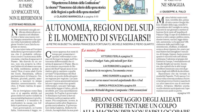 La prima pagina de l’ALTRAVOCE dell’ITALIA in edicola oggi