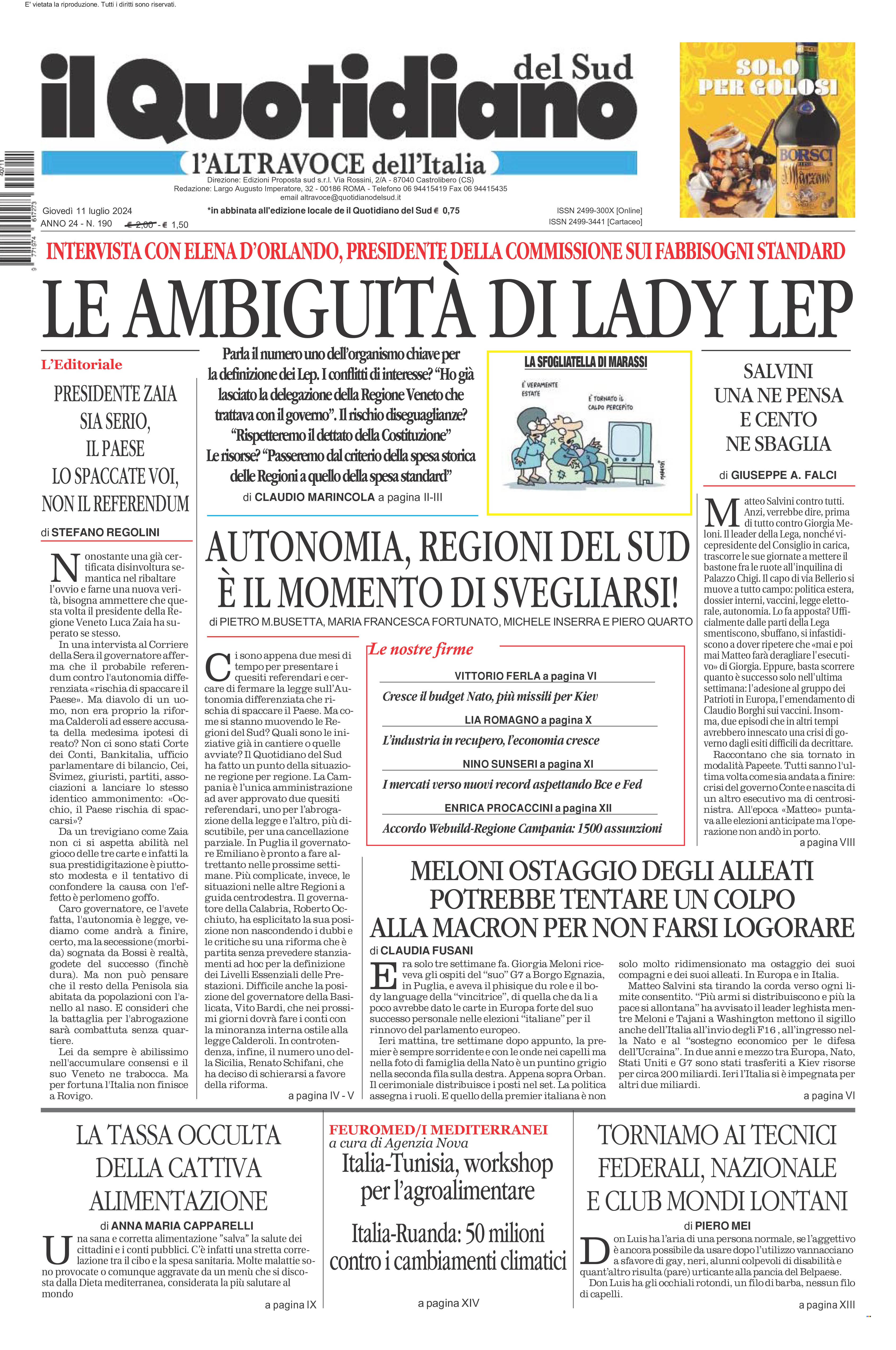 La prima pagina de l’ALTRAVOCE dell’ITALIA in edicola oggi