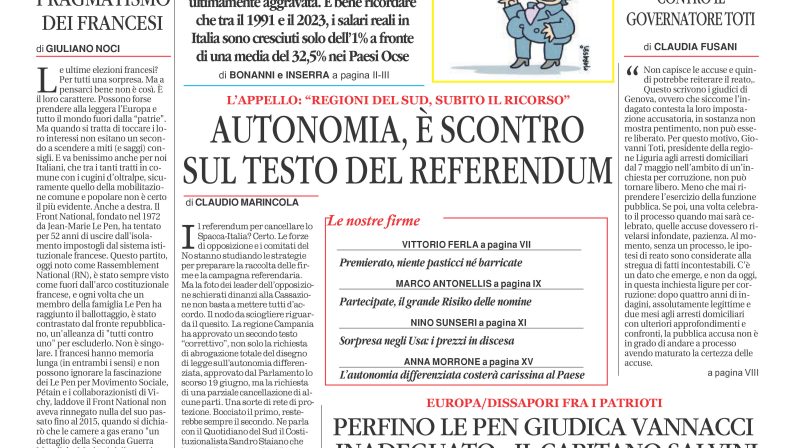 La prima pagina de l’ALTRAVOCE dell’ITALIA in edicola oggi