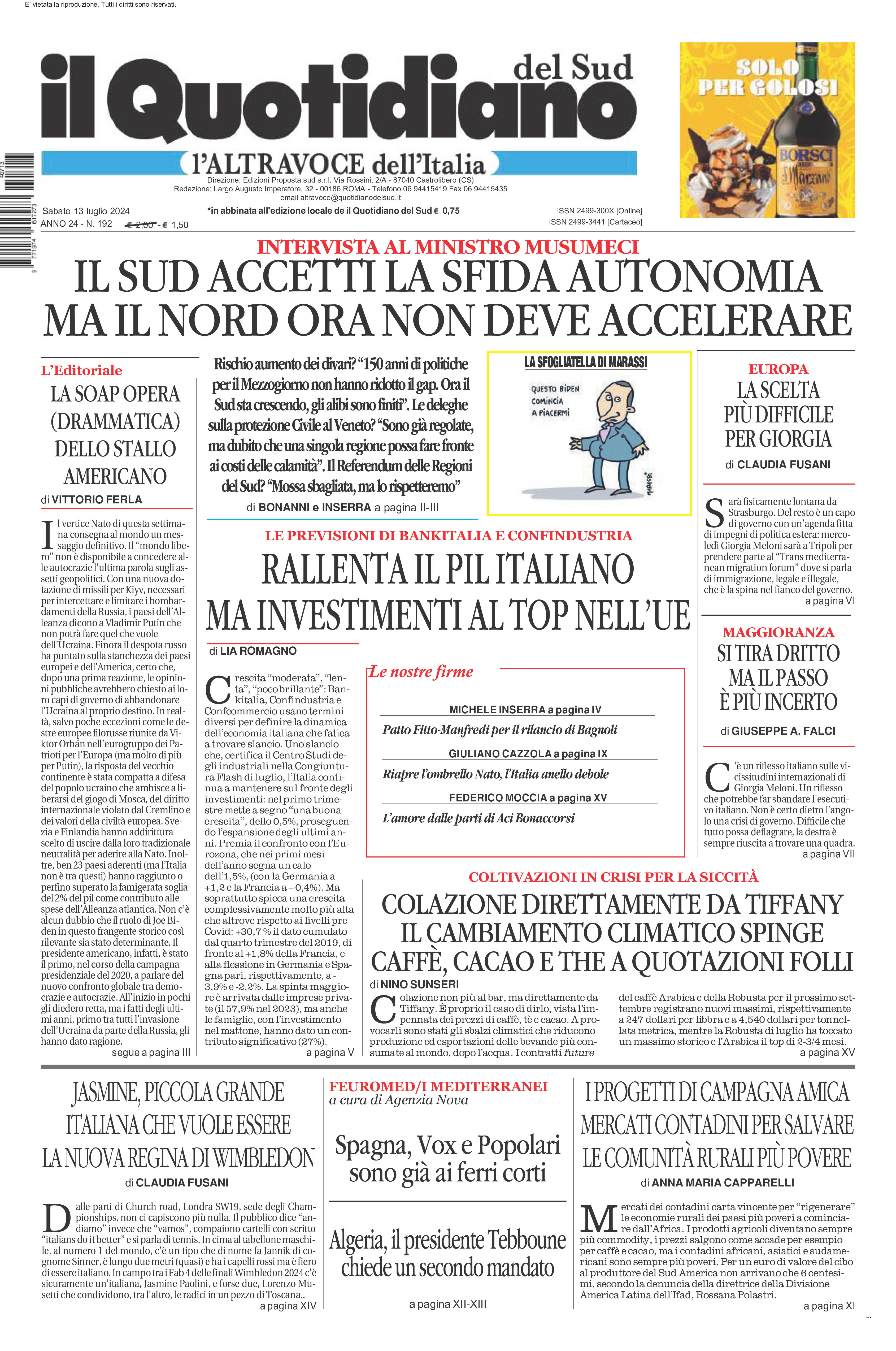 La prima pagina de l’ALTRAVOCE dell’ITALIA in edicola oggi