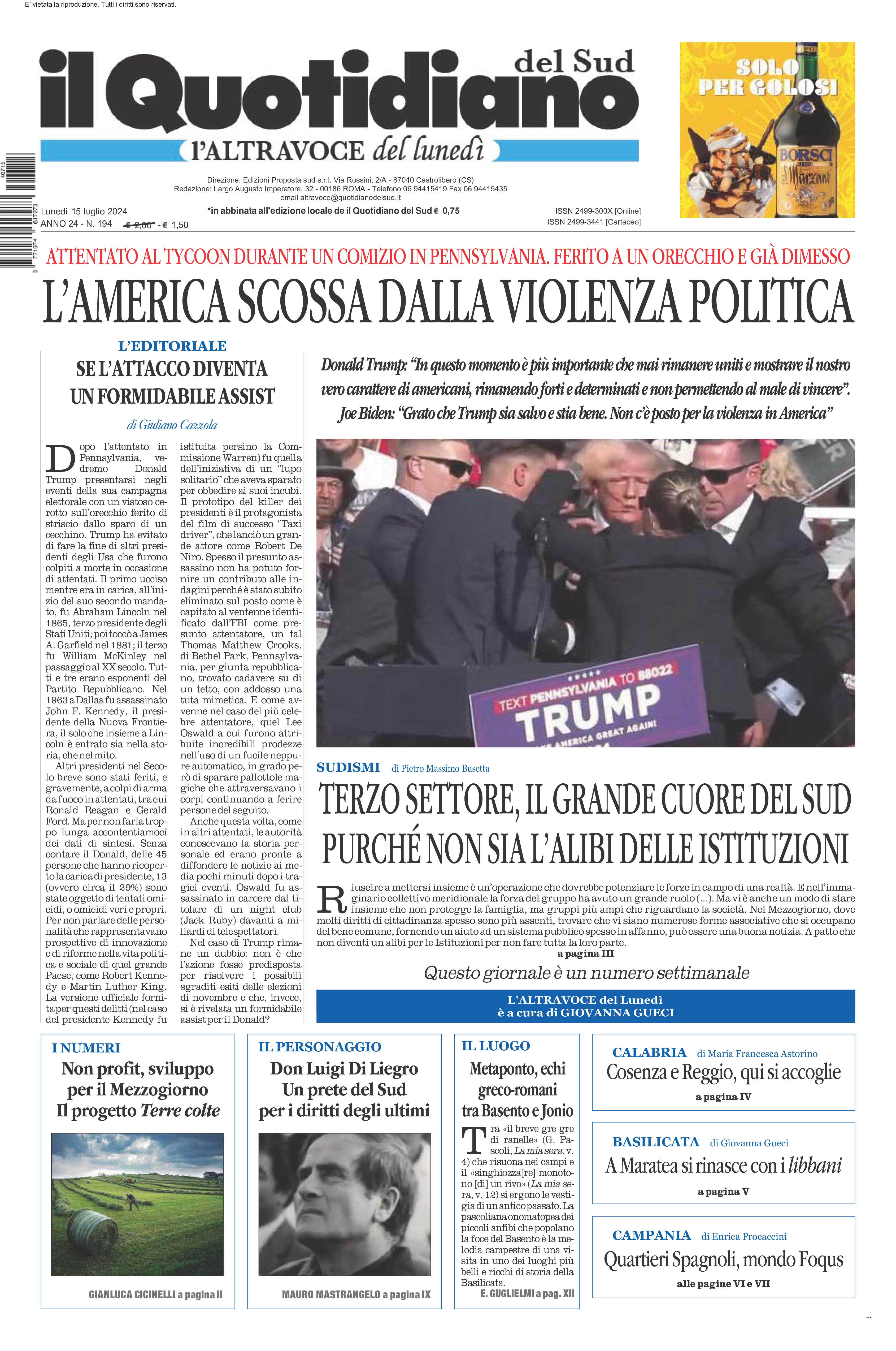 La prima pagina de l’ALTRAVOCE dell’ITALIA in edicola oggi