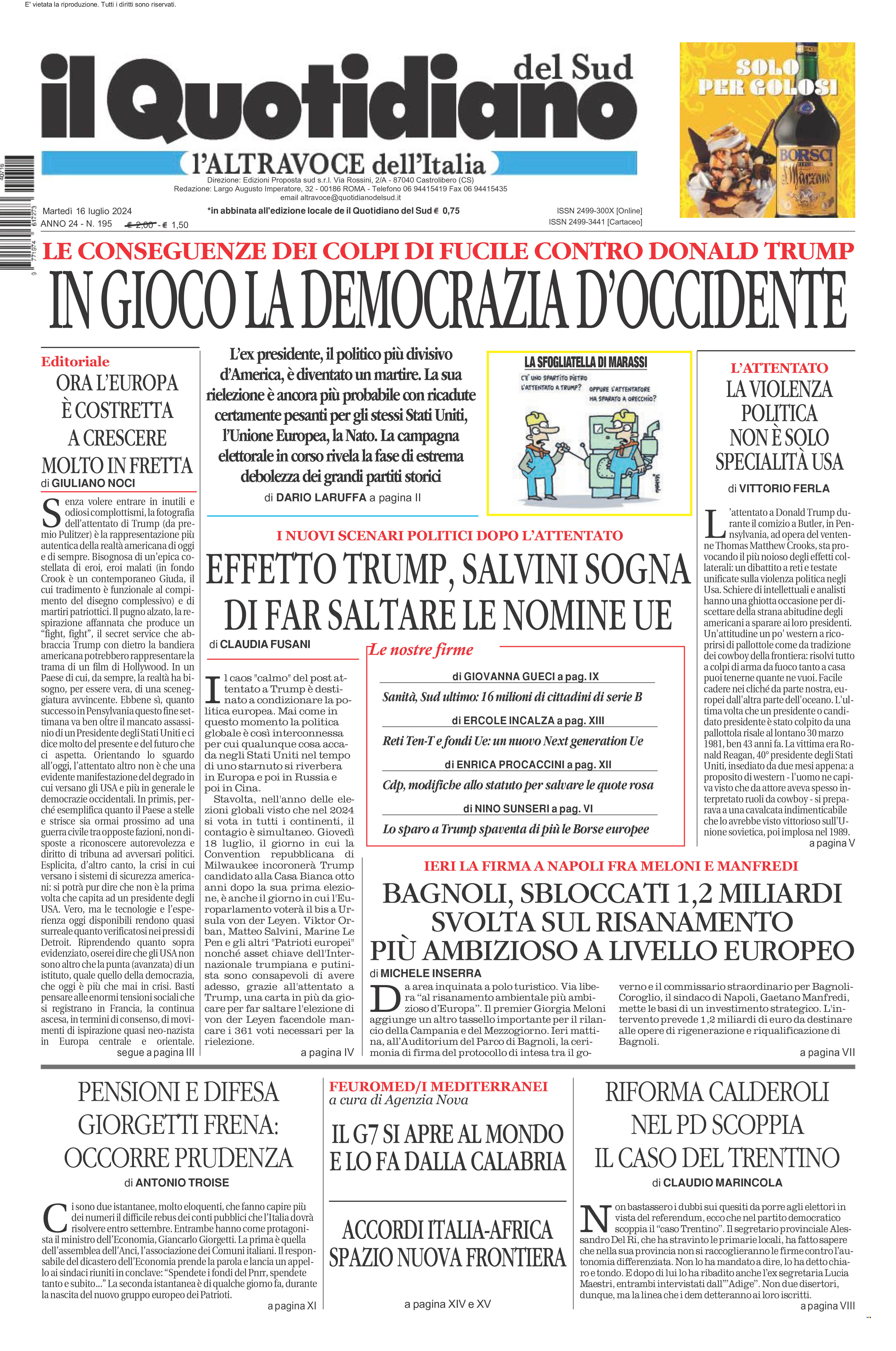 La prima pagina de l’ALTRAVOCE dell’ITALIA in edicola oggi