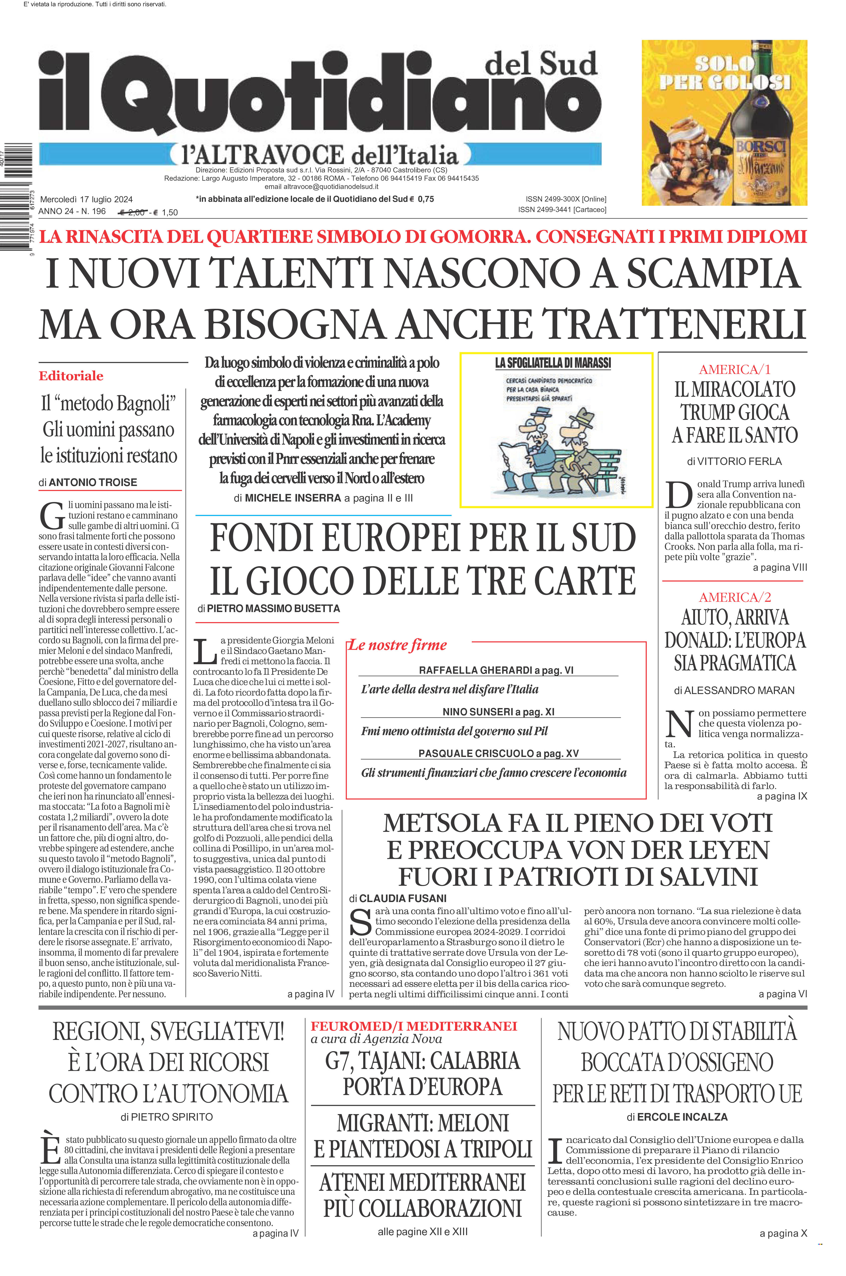 La prima pagina de l’ALTRAVOCE dell’ITALIA in edicola oggi