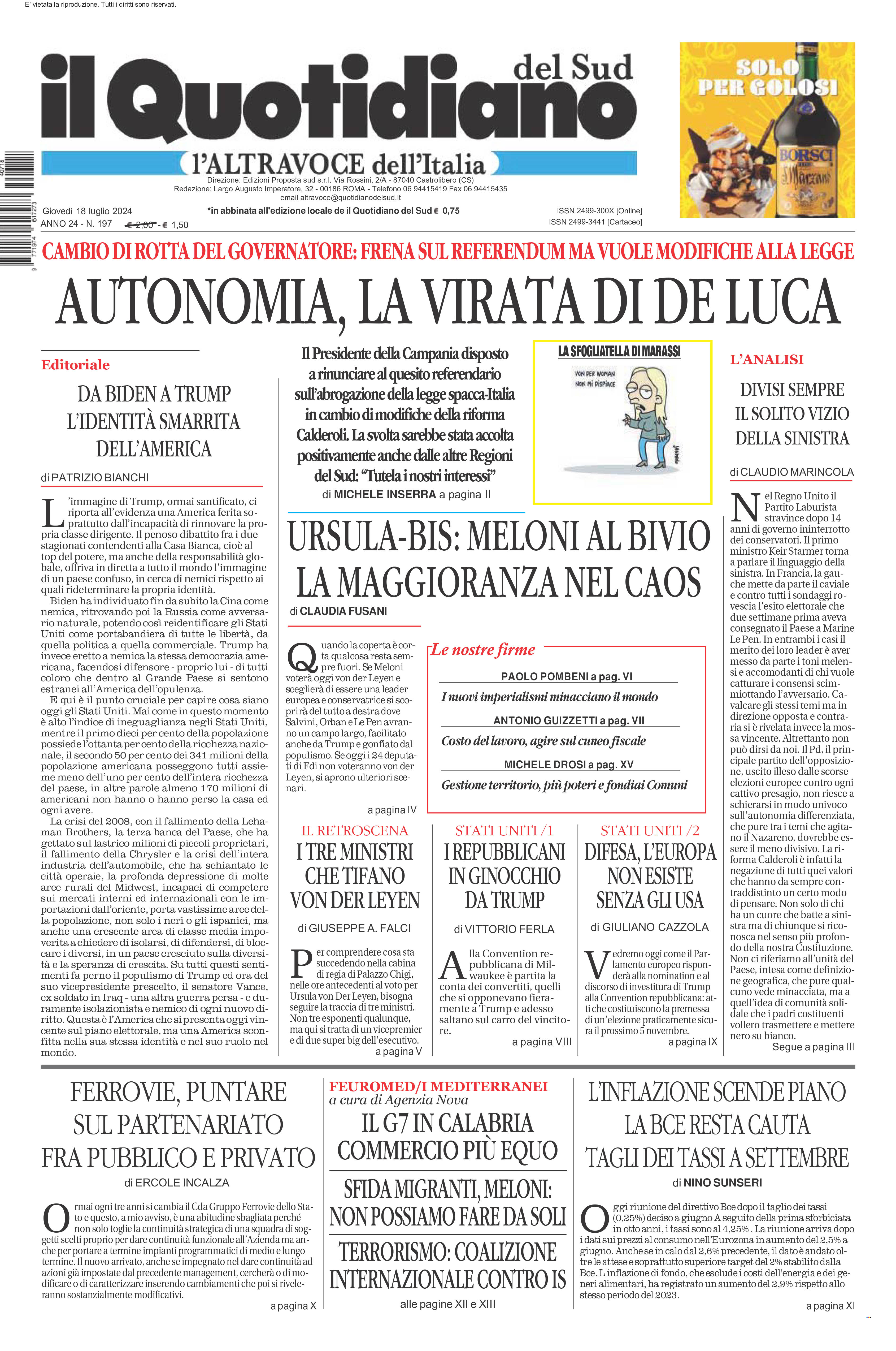 La prima pagina de l’ALTRAVOCE dell’ITALIA in edicola oggi