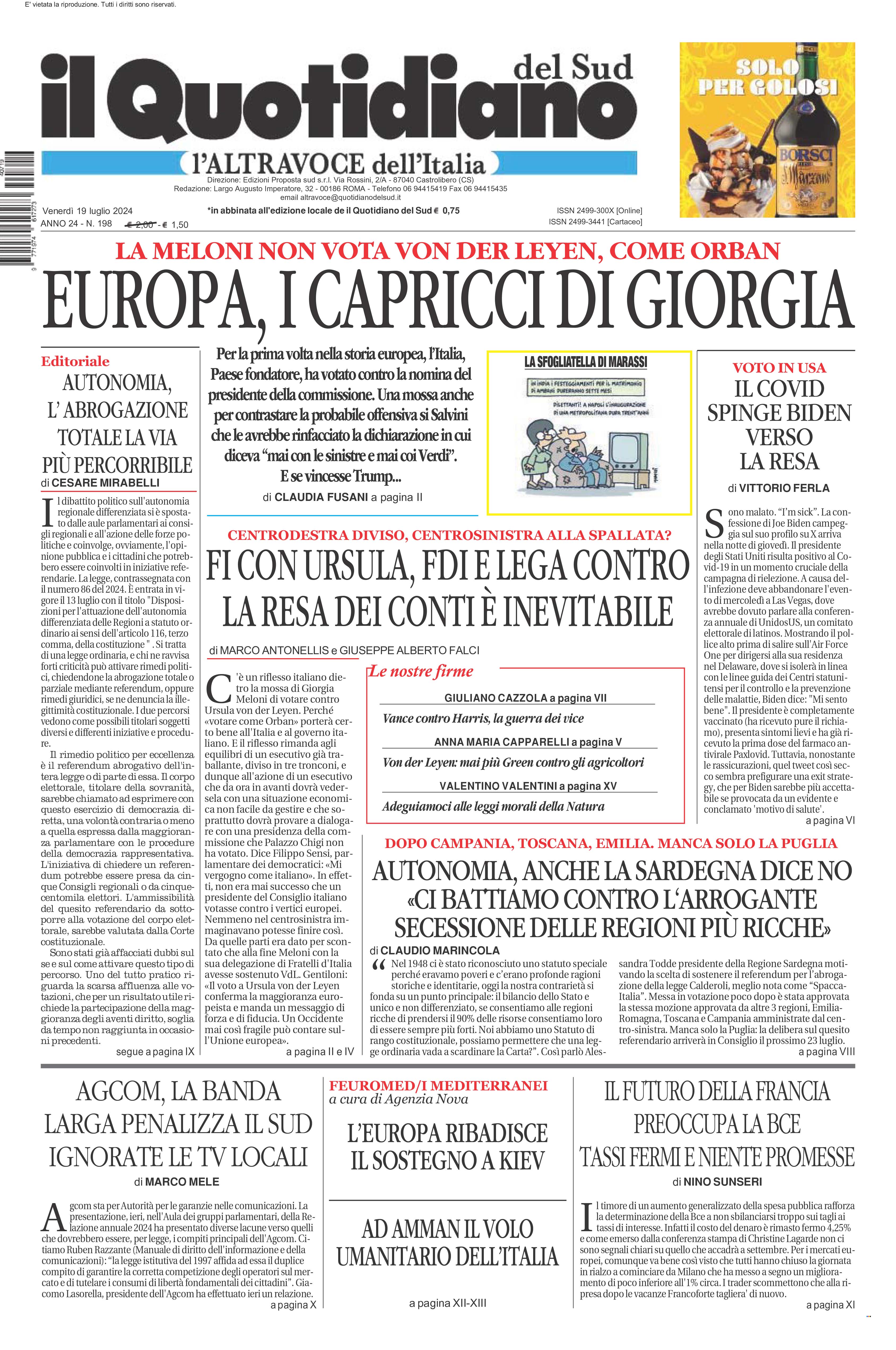 La prima pagina de l’ALTRAVOCE dell’ITALIA in edicola oggi