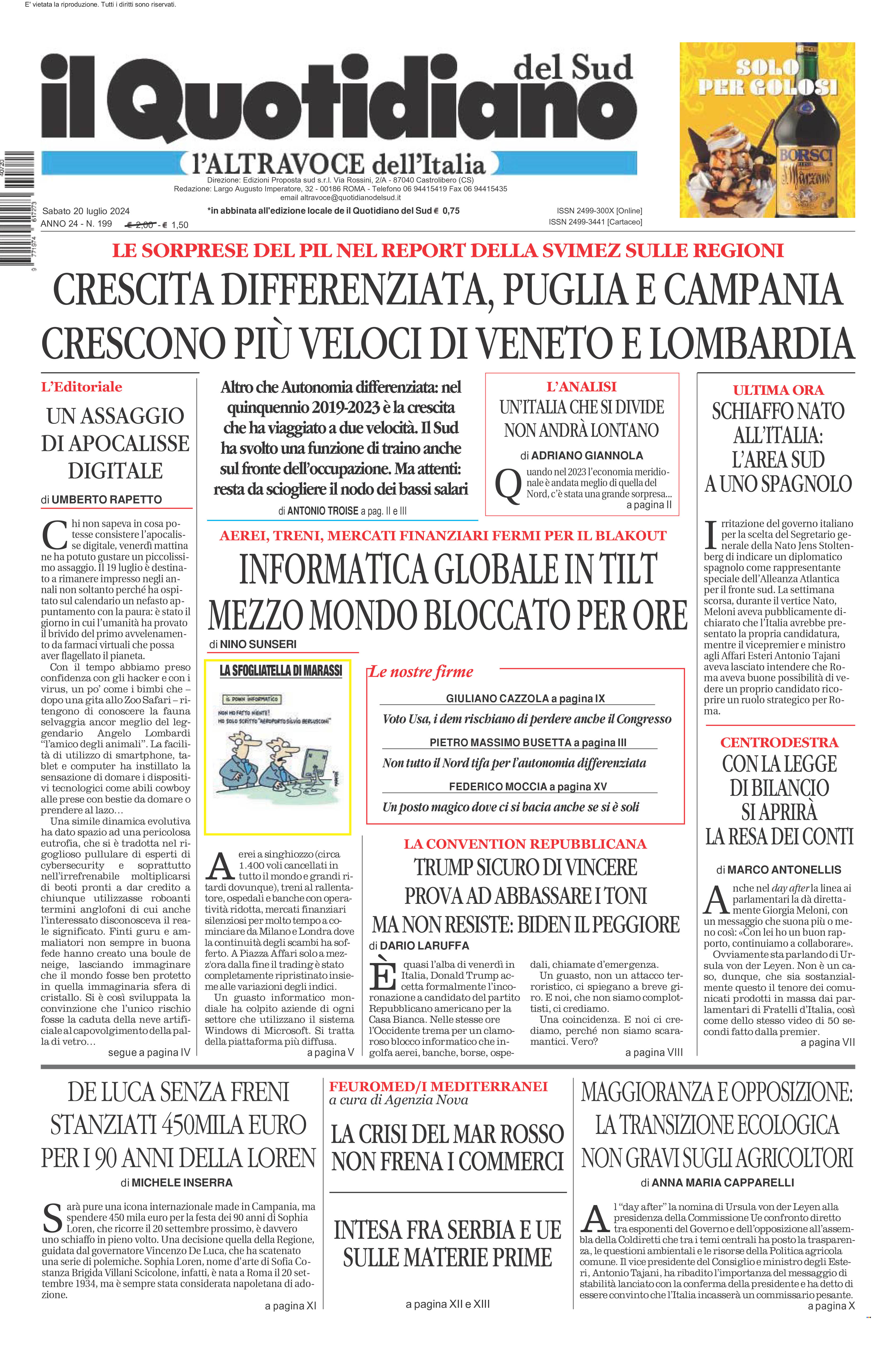 La prima pagina de l’ALTRAVOCE dell’ITALIA in edicola oggi