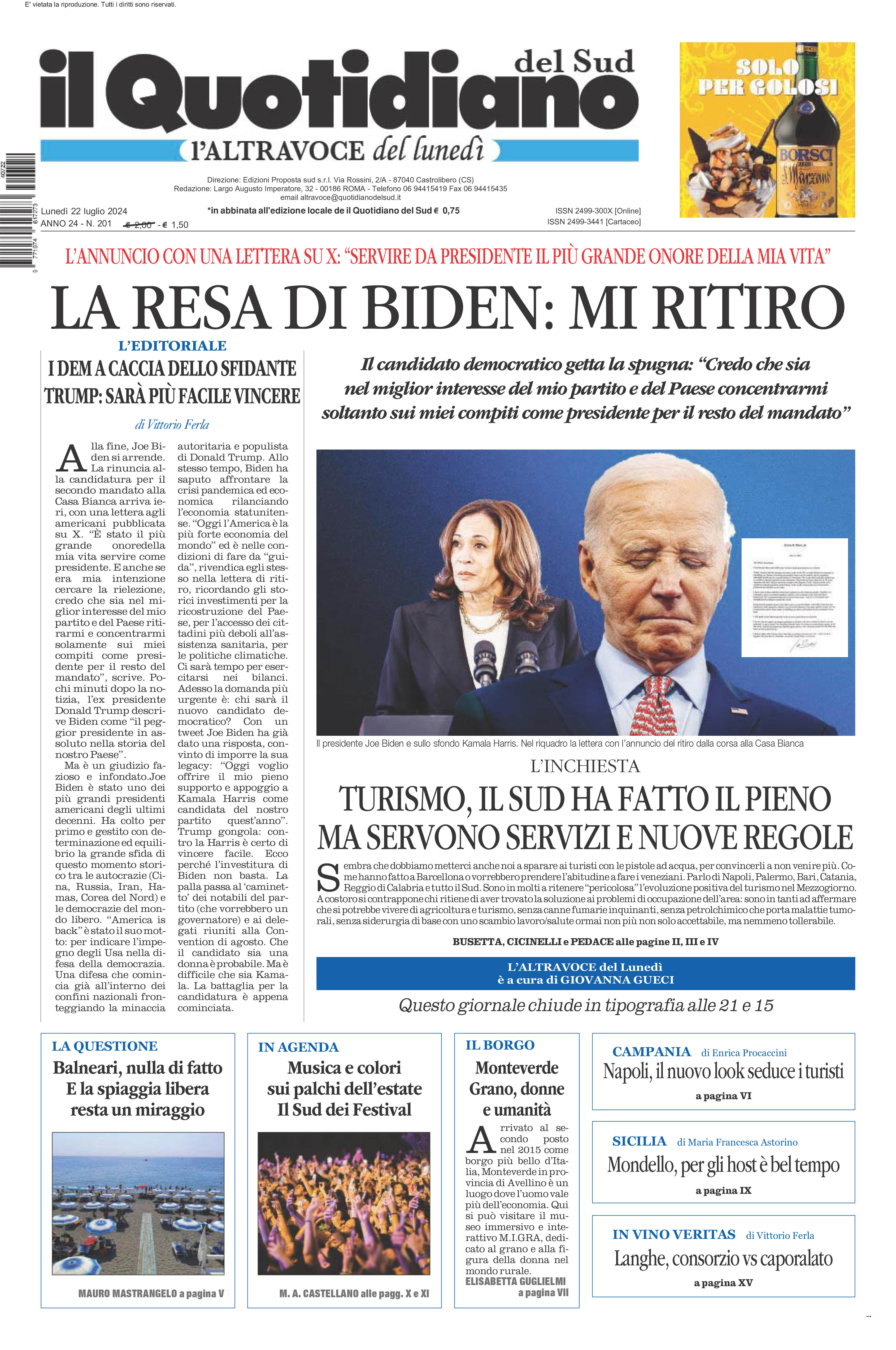 La prima pagina de l’ALTRAVOCE dell’ITALIA in edicola oggi