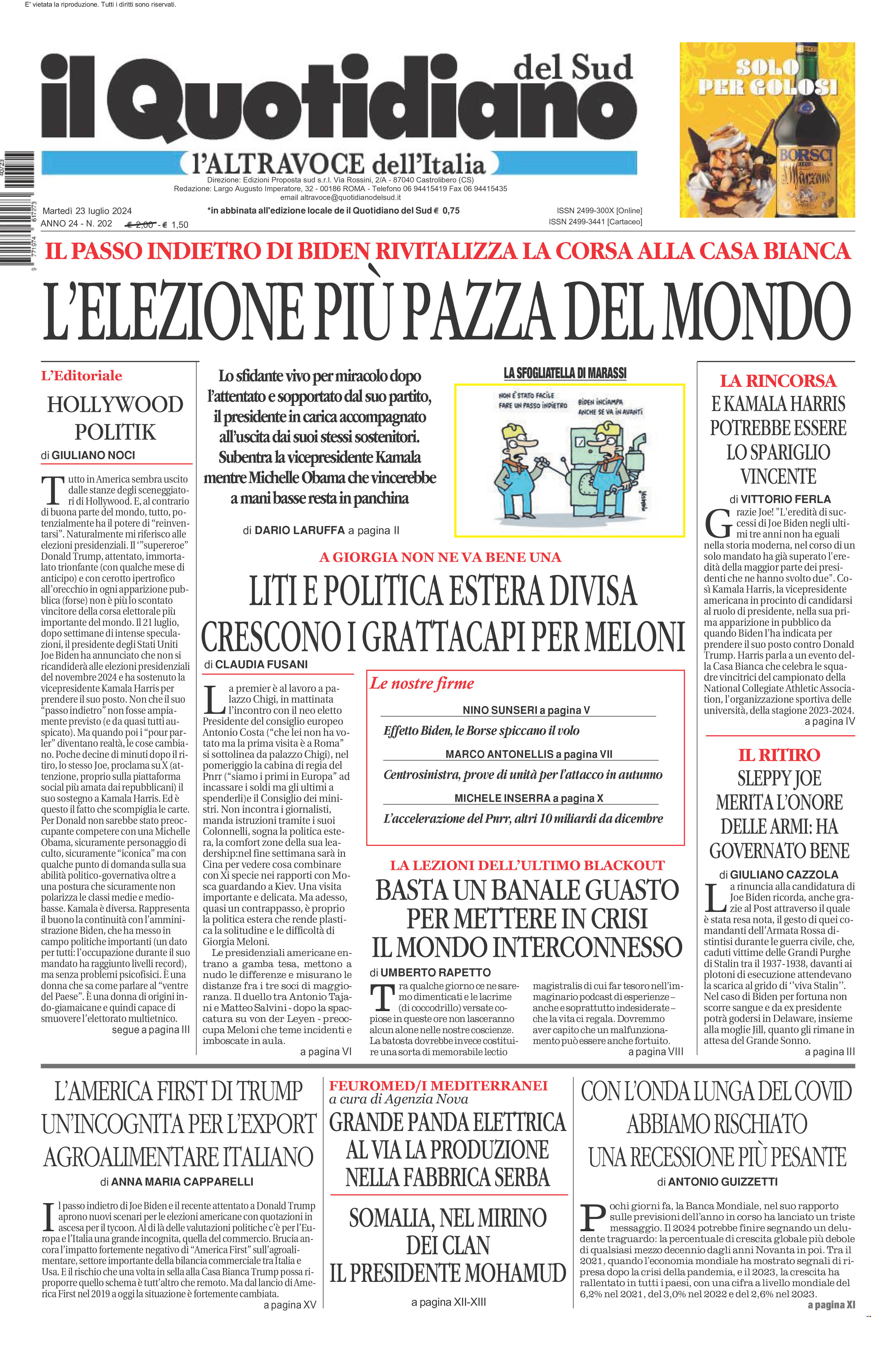 La prima pagina de l’ALTRAVOCE dell’ITALIA in edicola oggi