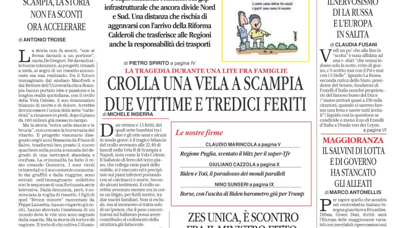 La prima pagina de l’ALTRAVOCE dell’ITALIA in edicola oggi