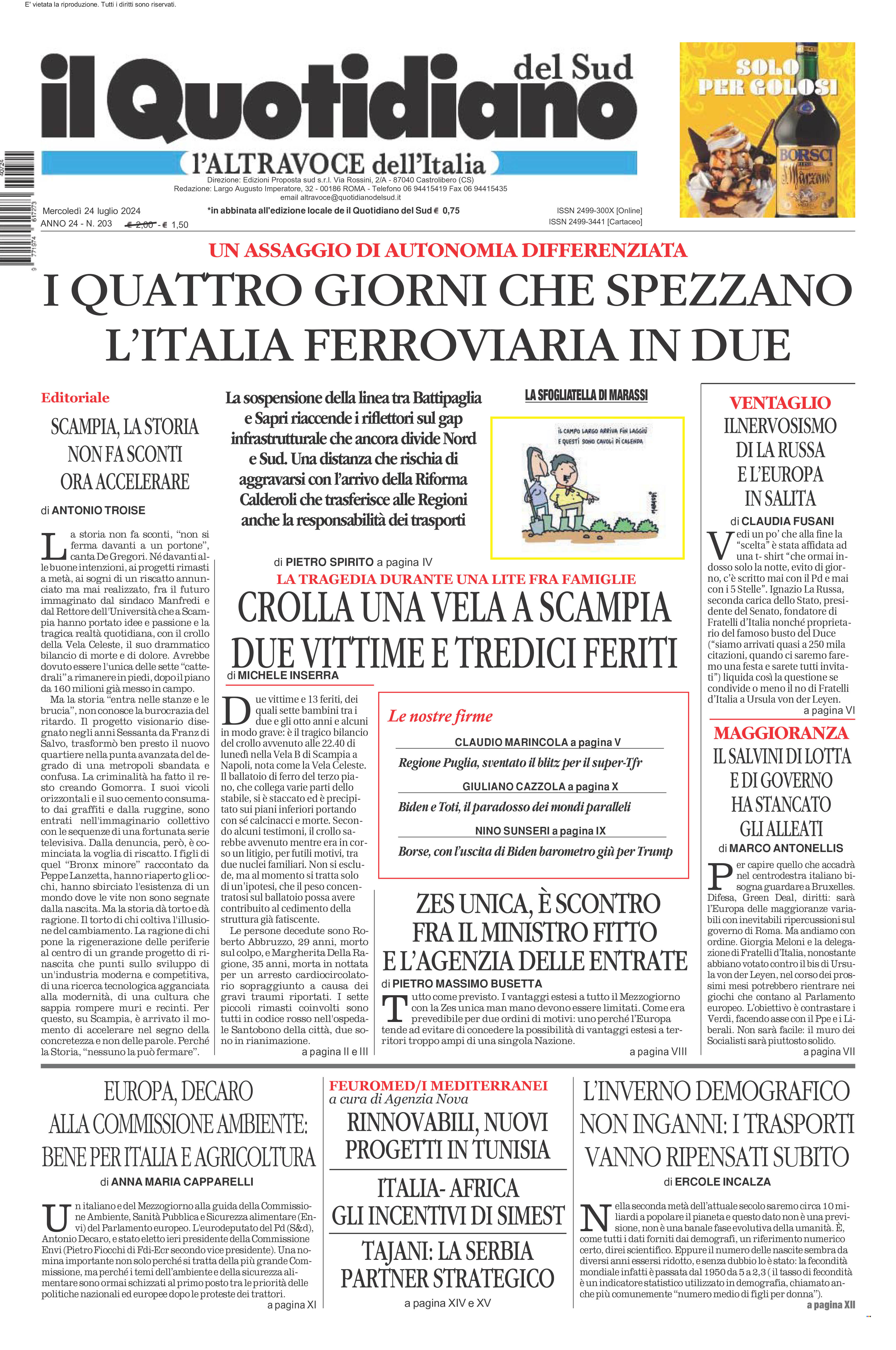 La prima pagina de l’ALTRAVOCE dell’ITALIA in edicola oggi