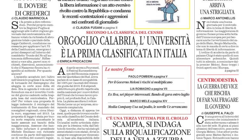 La prima pagina de l’ALTRAVOCE dell’ITALIA in edicola oggi