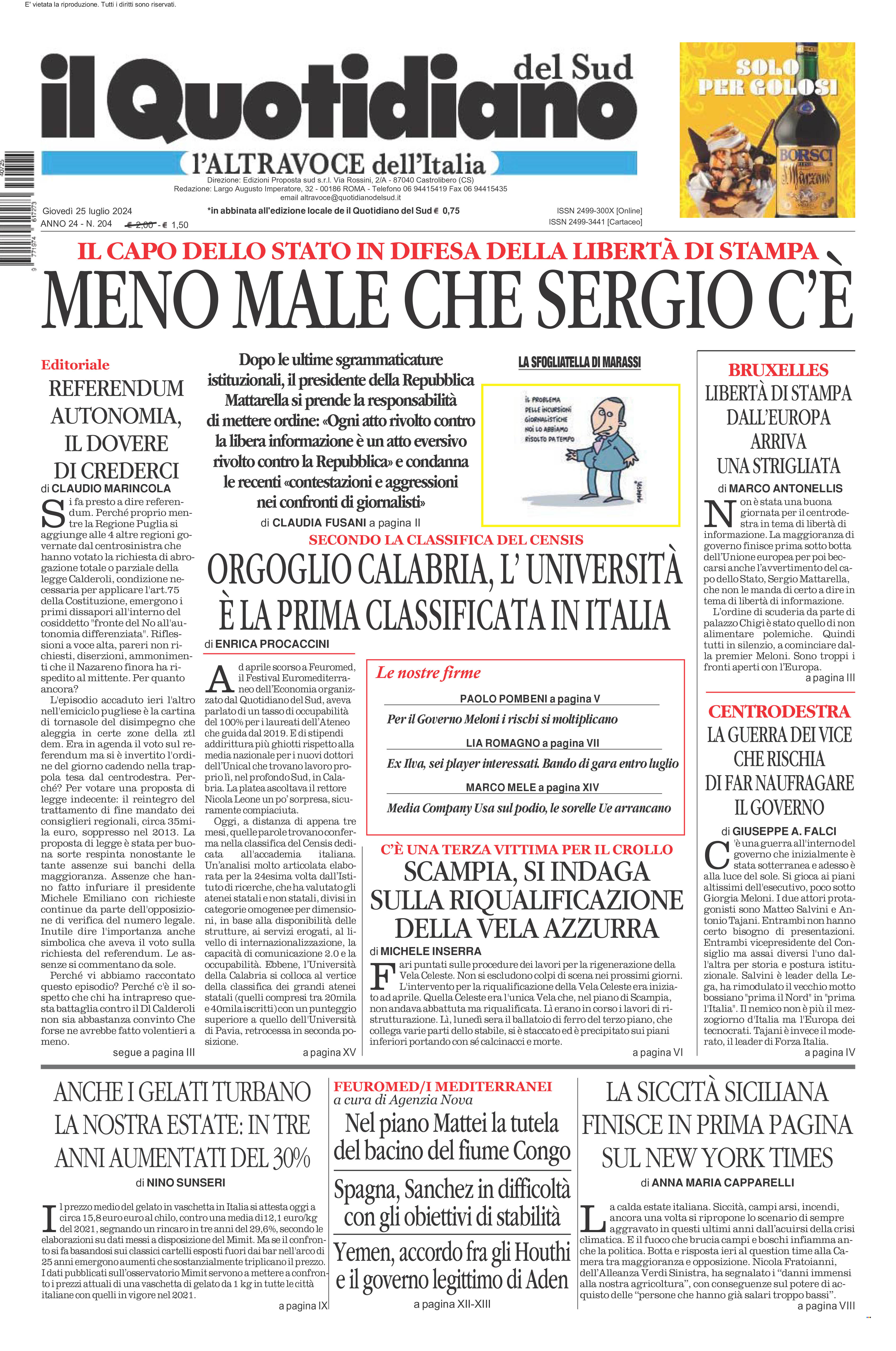 La prima pagina de l’ALTRAVOCE dell’ITALIA in edicola oggi