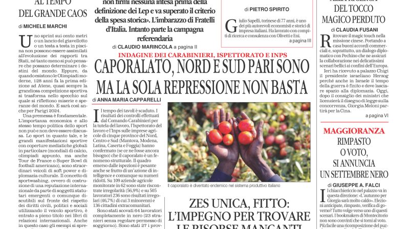 La prima pagina de l’ALTRAVOCE dell’ITALIA in edicola oggi