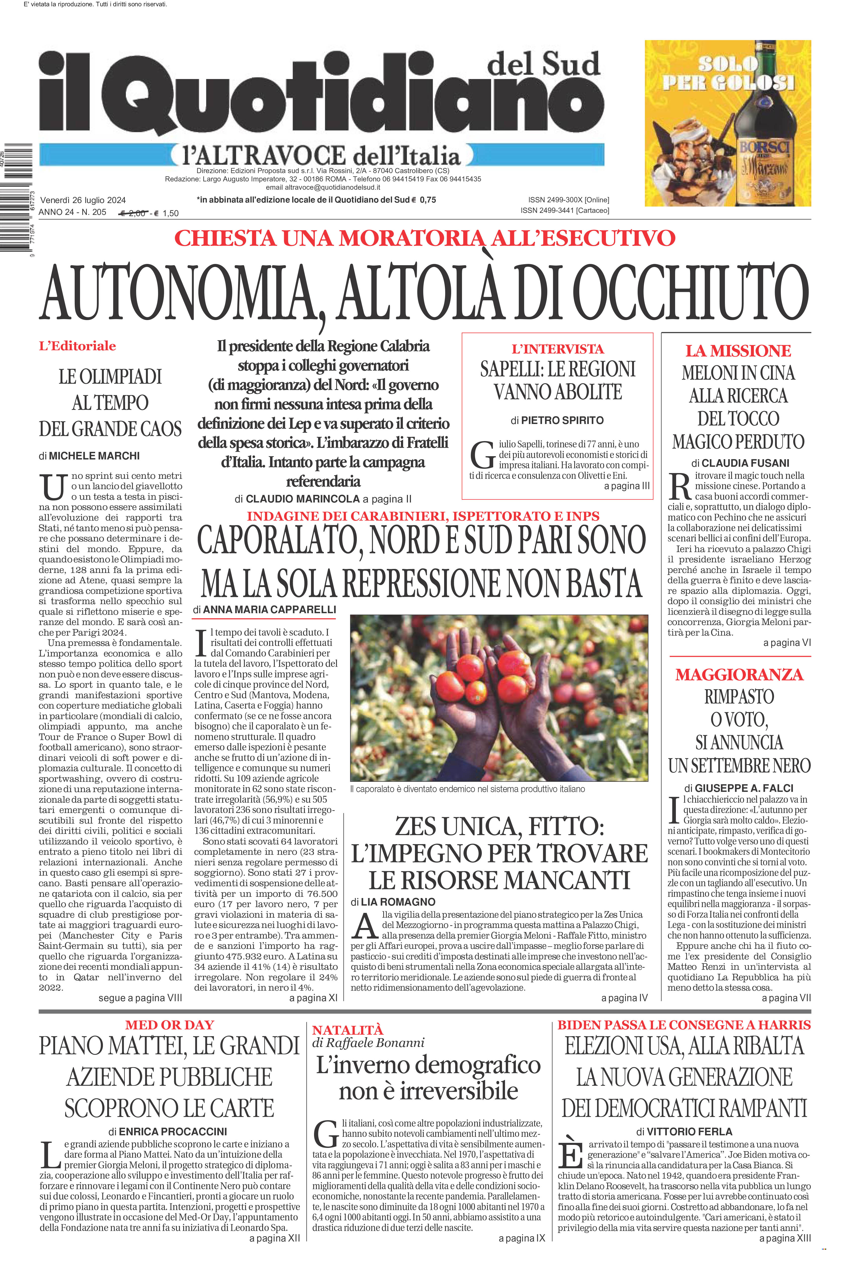 La prima pagina de l’ALTRAVOCE dell’ITALIA in edicola oggi