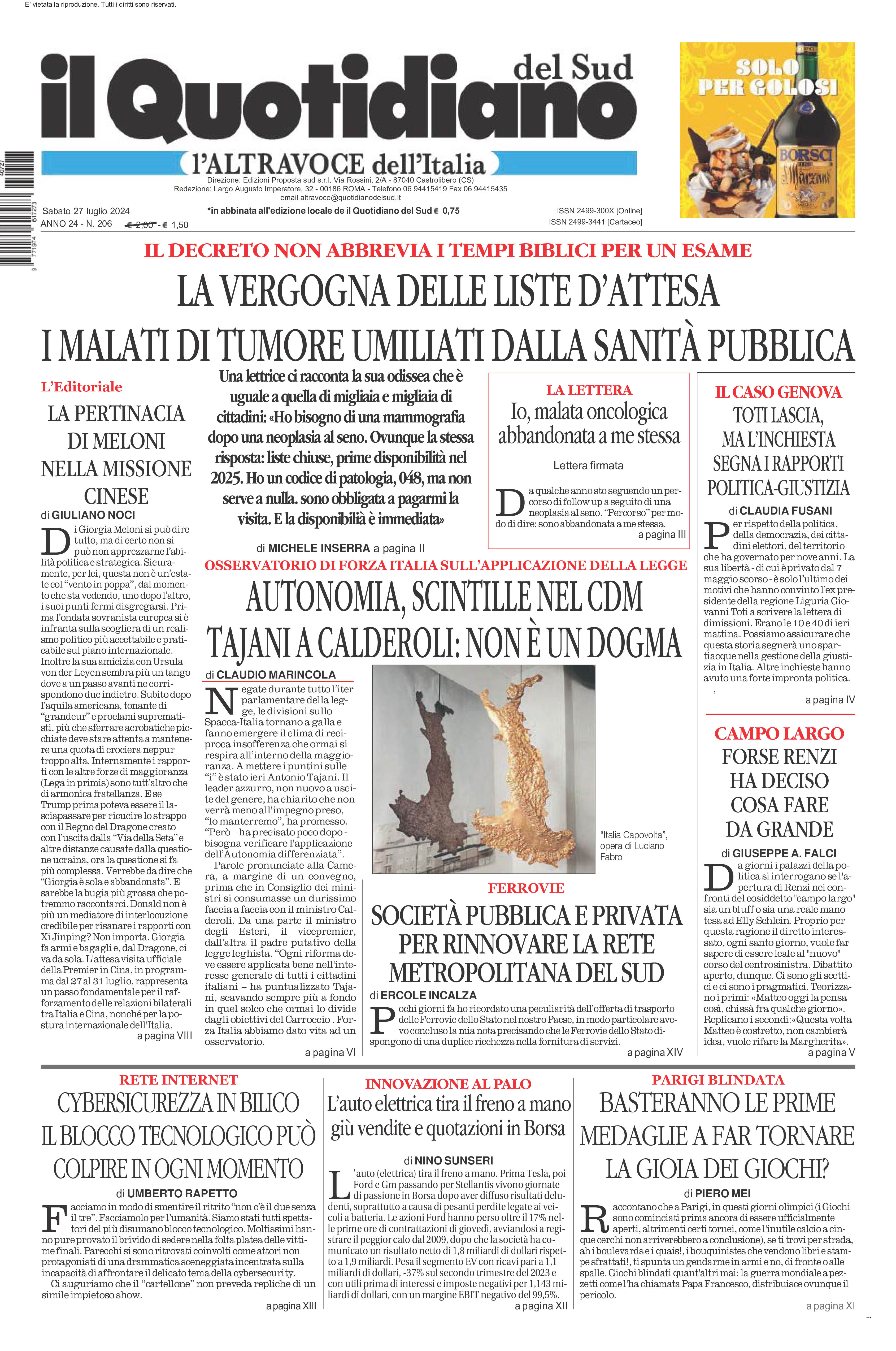 La prima pagina de l’ALTRAVOCE dell’ITALIA in edicola oggi