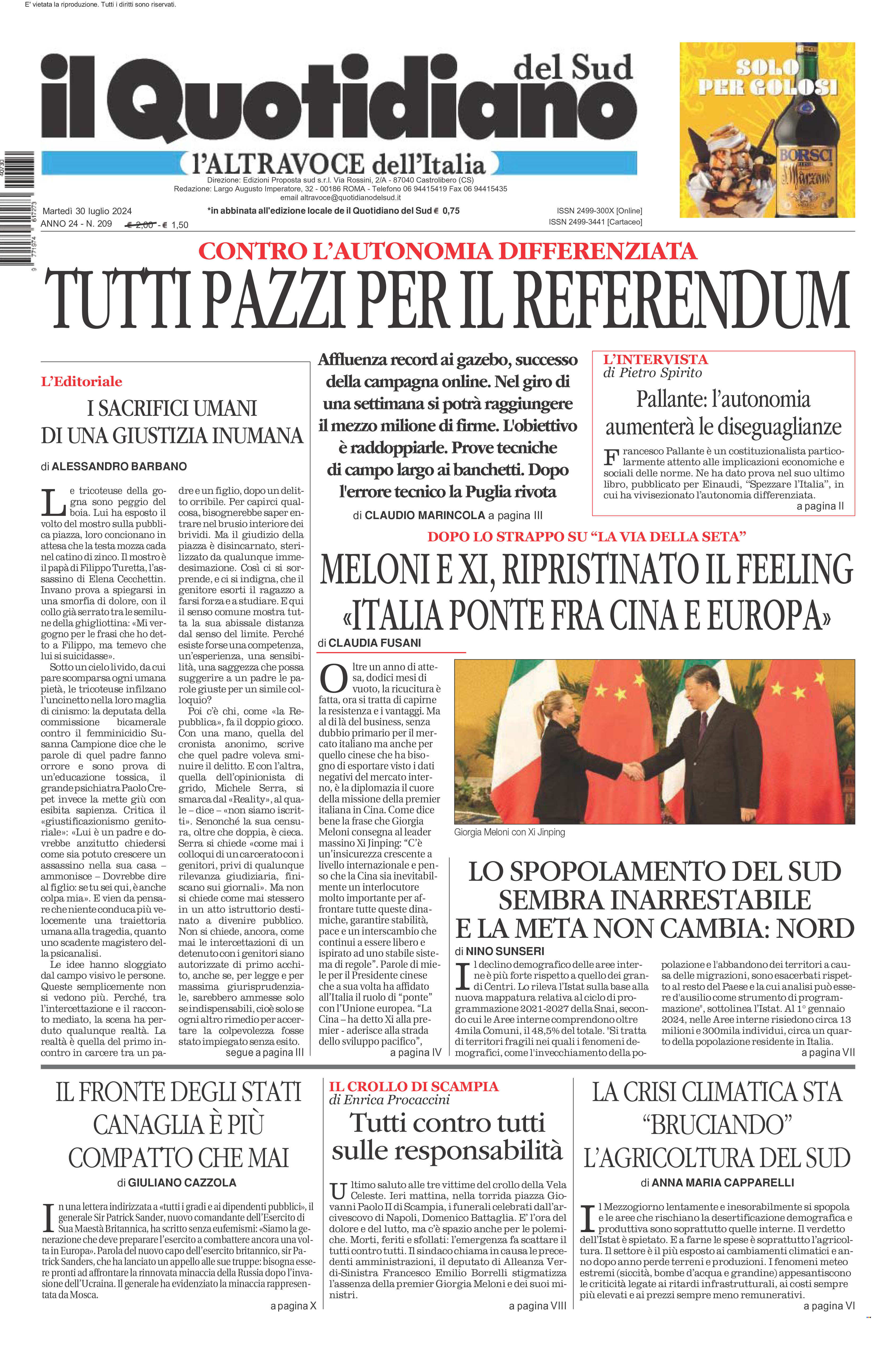 La prima pagina de l’ALTRAVOCE dell’ITALIA in edicola oggi