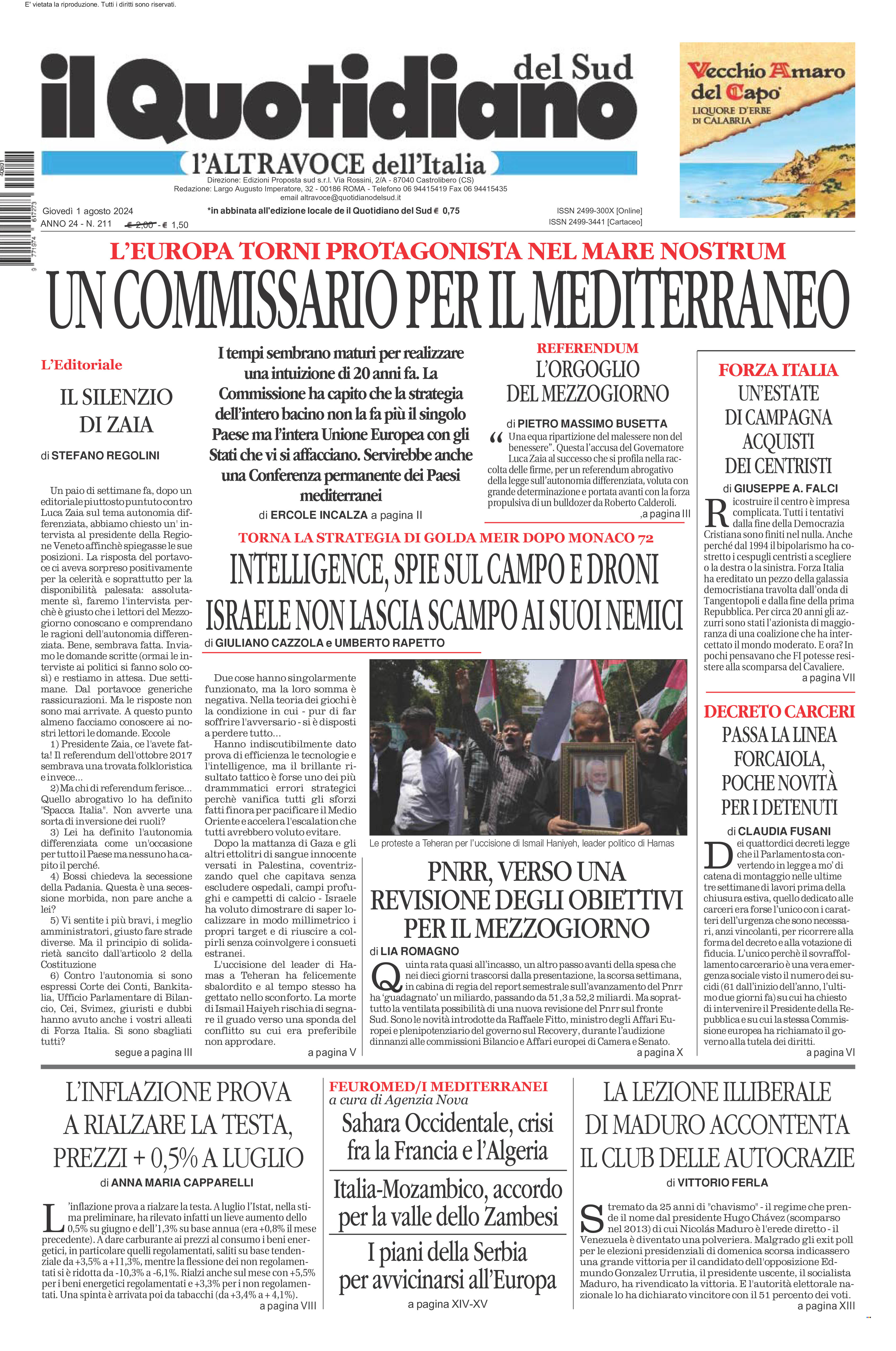 La prima pagina de l’ALTRAVOCE dell’ITALIA in edicola oggi