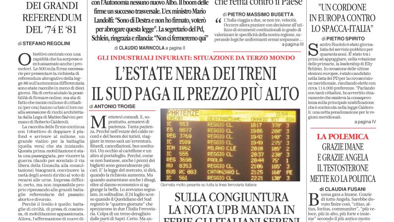 La prima pagina de l’ALTRAVOCE dell’ITALIA in edicola oggi