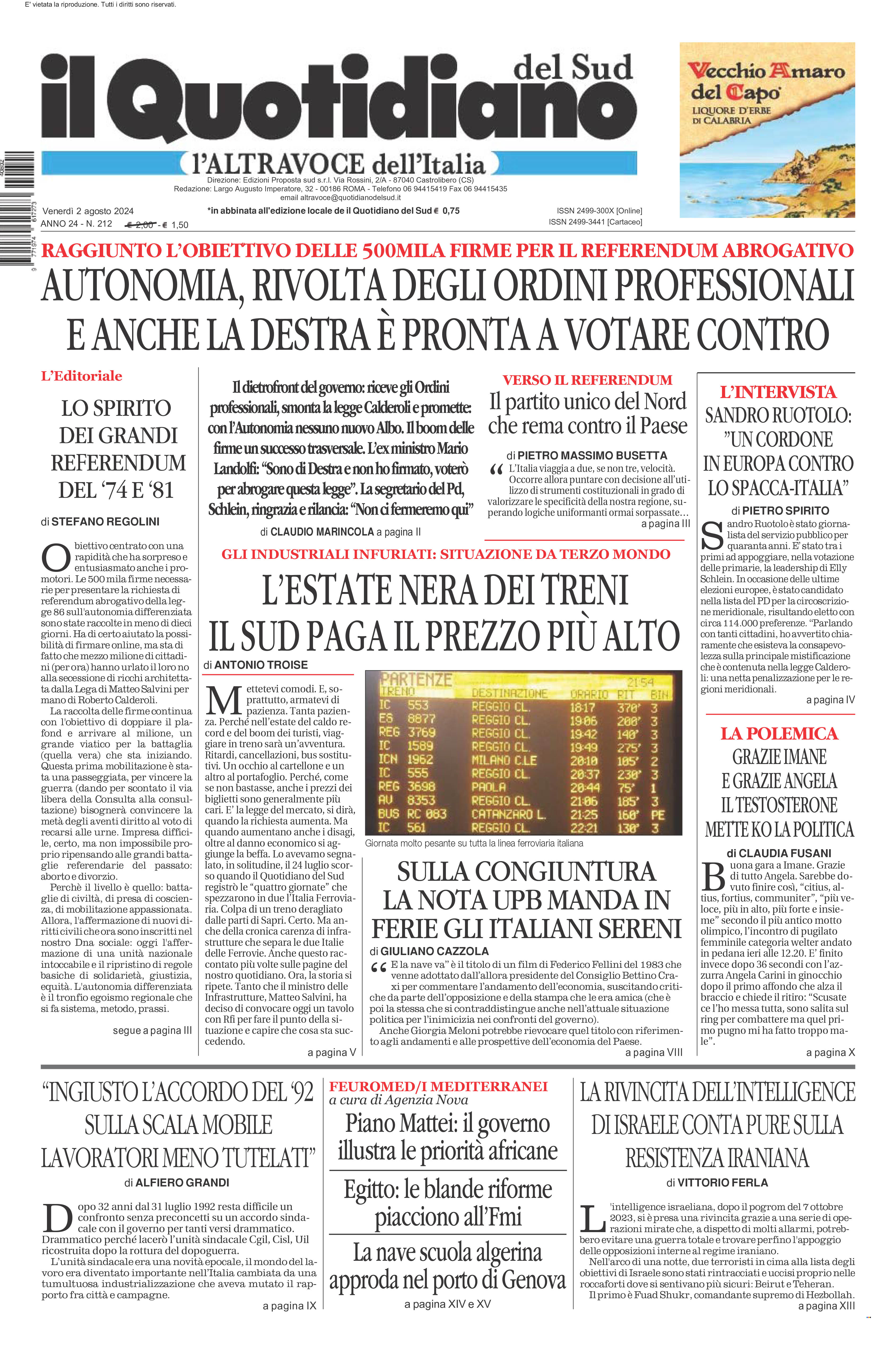 La prima pagina de l’ALTRAVOCE dell’ITALIA in edicola oggi