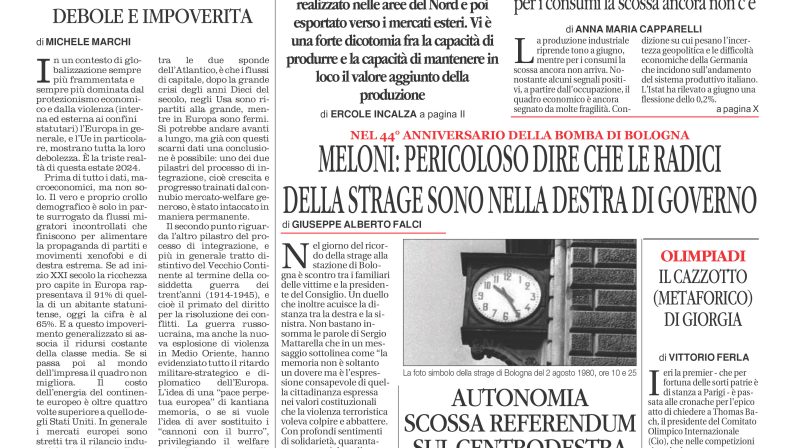 La prima pagina de l’ALTRAVOCE dell’ITALIA in edicola oggi