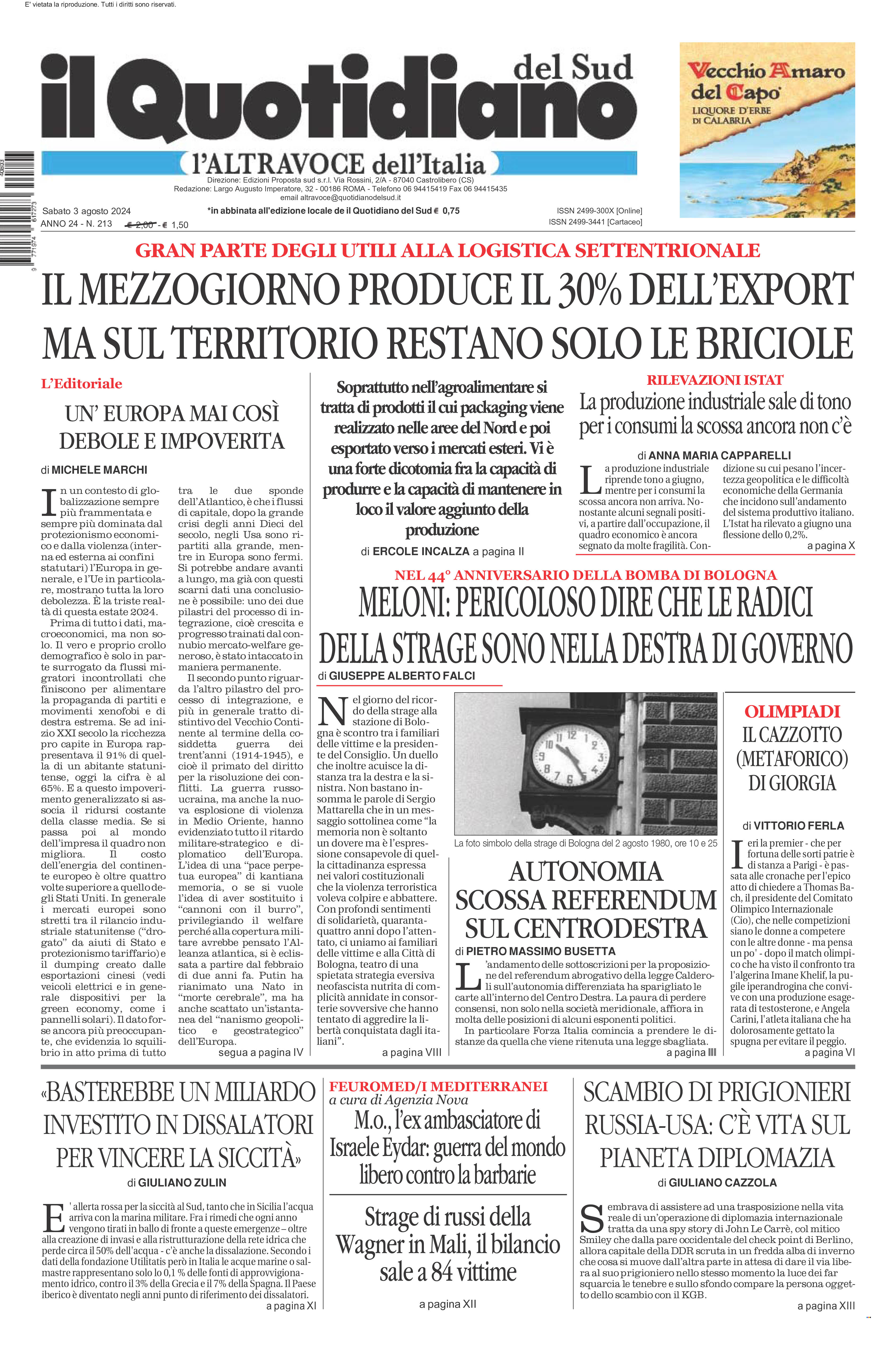 La prima pagina de l’ALTRAVOCE dell’ITALIA in edicola oggi