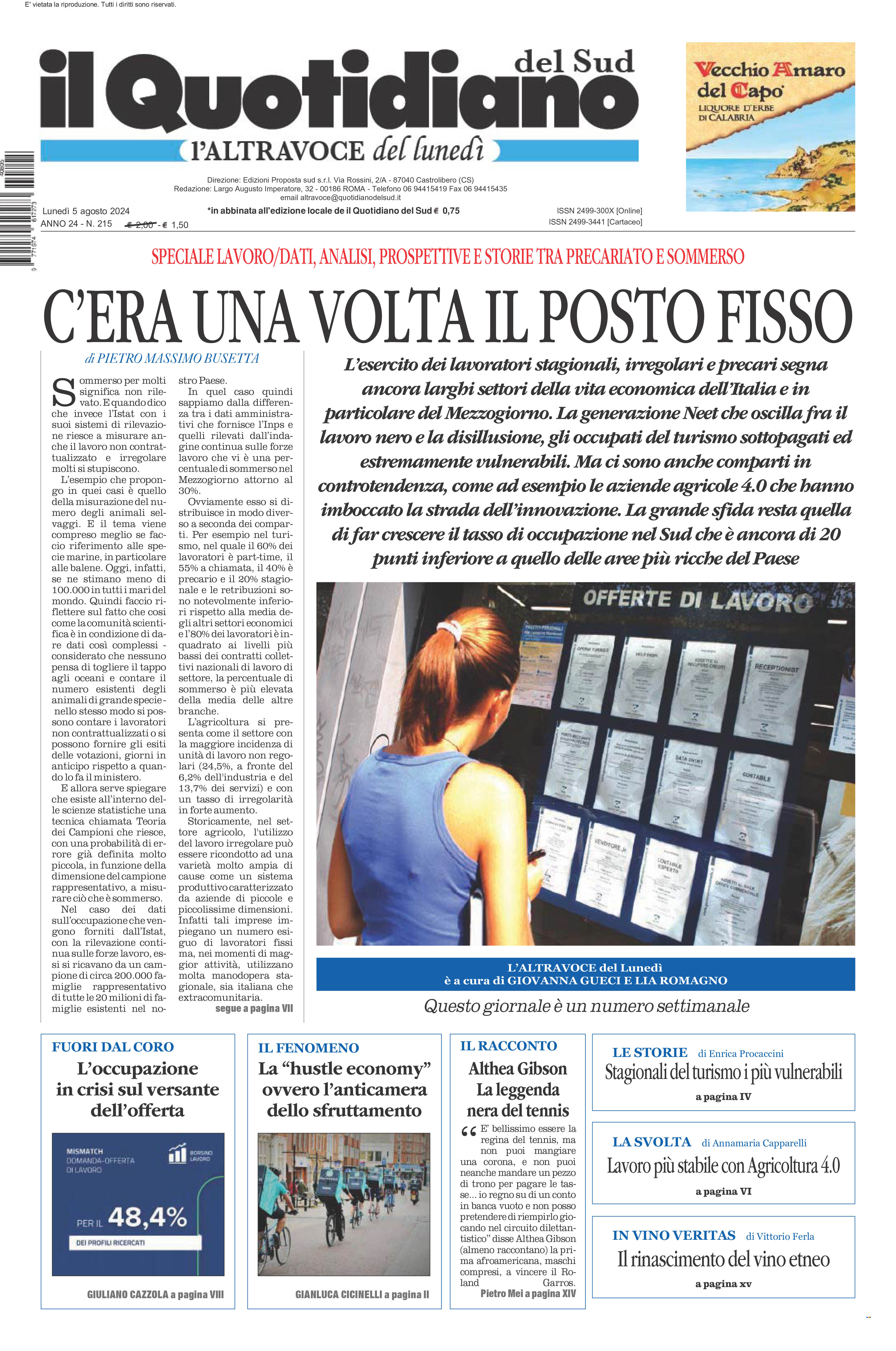 La prima pagina de l’ALTRAVOCE dell’ITALIA in edicola oggi