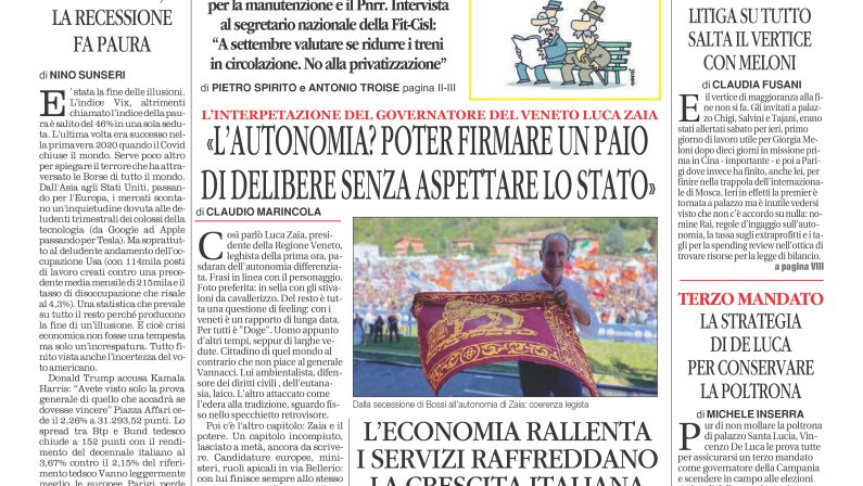 La prima pagina de l’ALTRAVOCE dell’ITALIA in edicola oggi