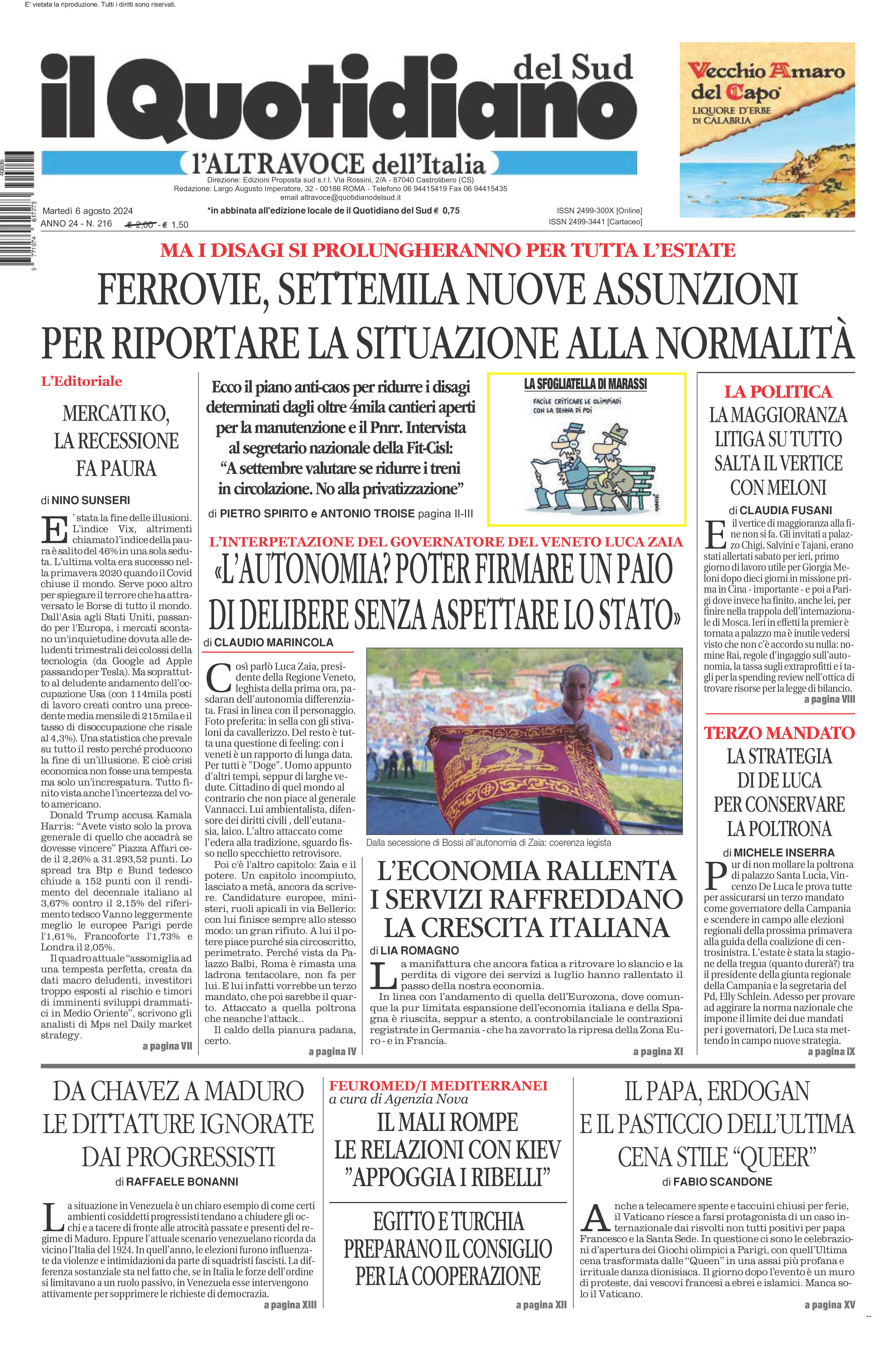 La prima pagina de l’ALTRAVOCE dell’ITALIA in edicola oggi