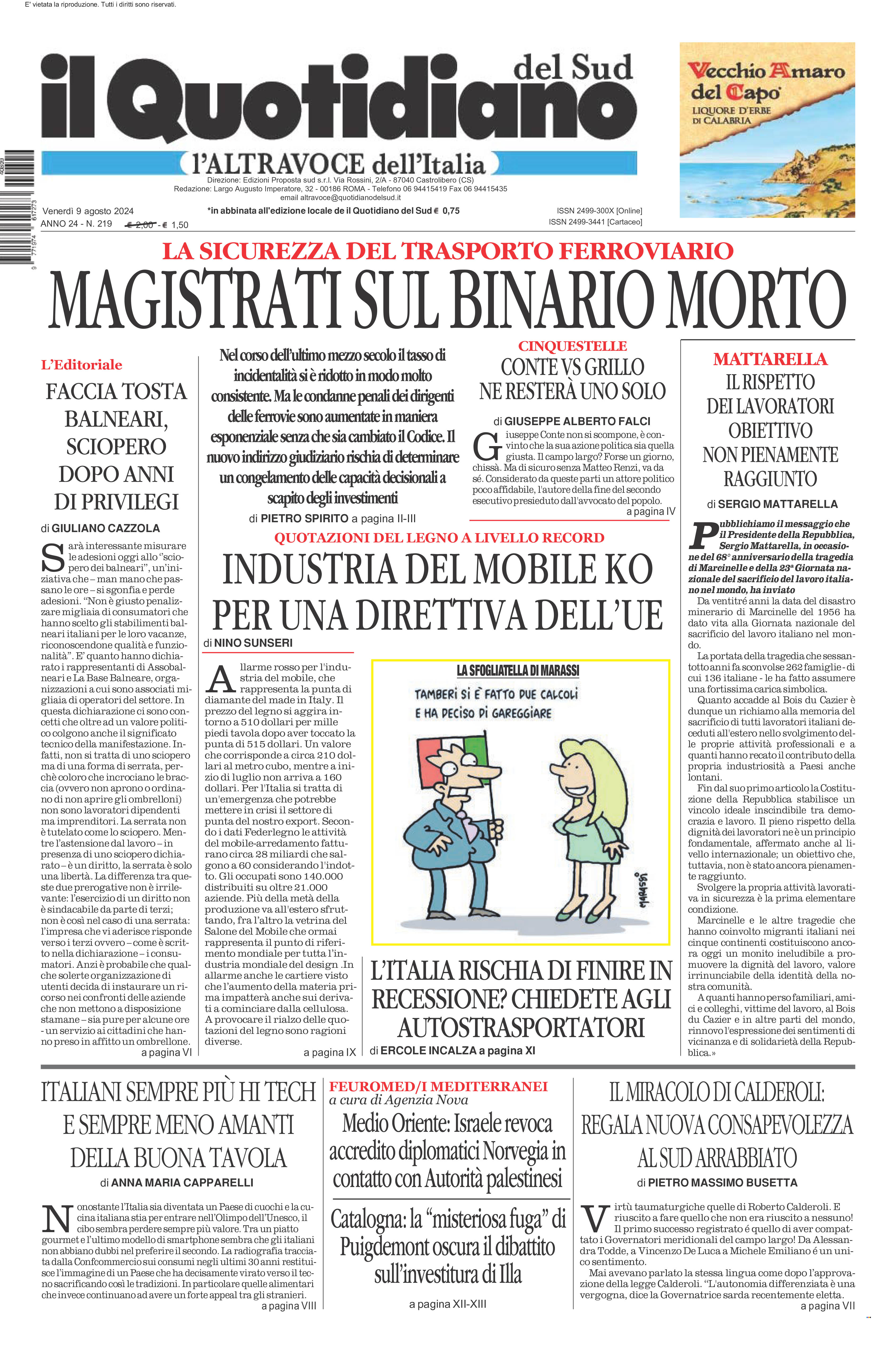 La prima pagina de l’ALTRAVOCE dell’ITALIA in edicola oggi