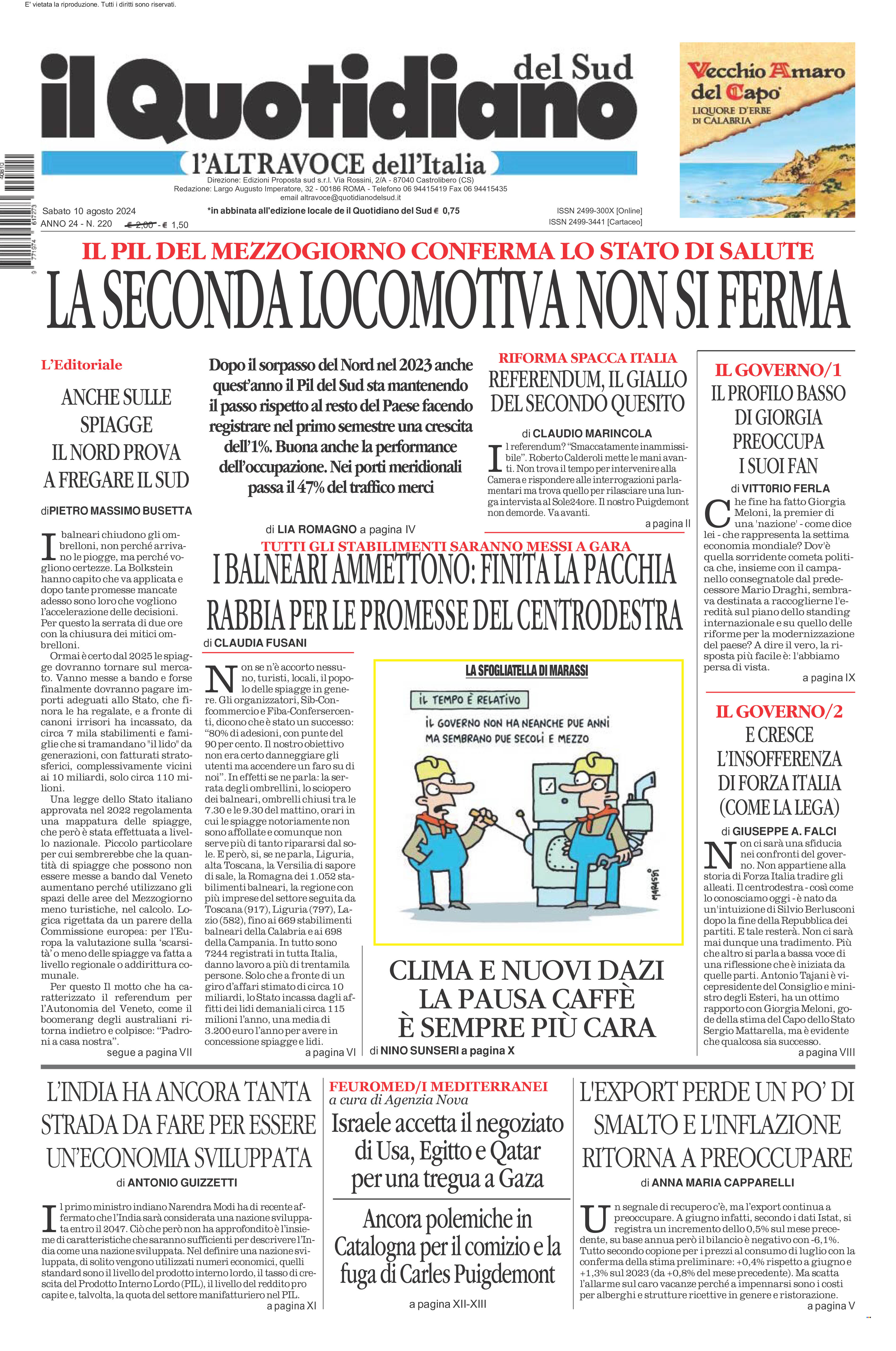 La prima pagina de l’ALTRAVOCE dell’ITALIA in edicola oggi