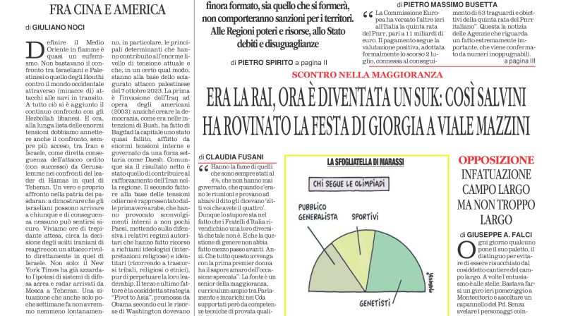 La prima pagina de l’ALTRAVOCE dell’ITALIA in edicola oggi