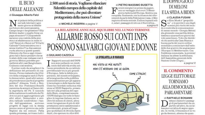 La prima pagina de l’ALTRAVOCE dell’ITALIA in edicola oggi